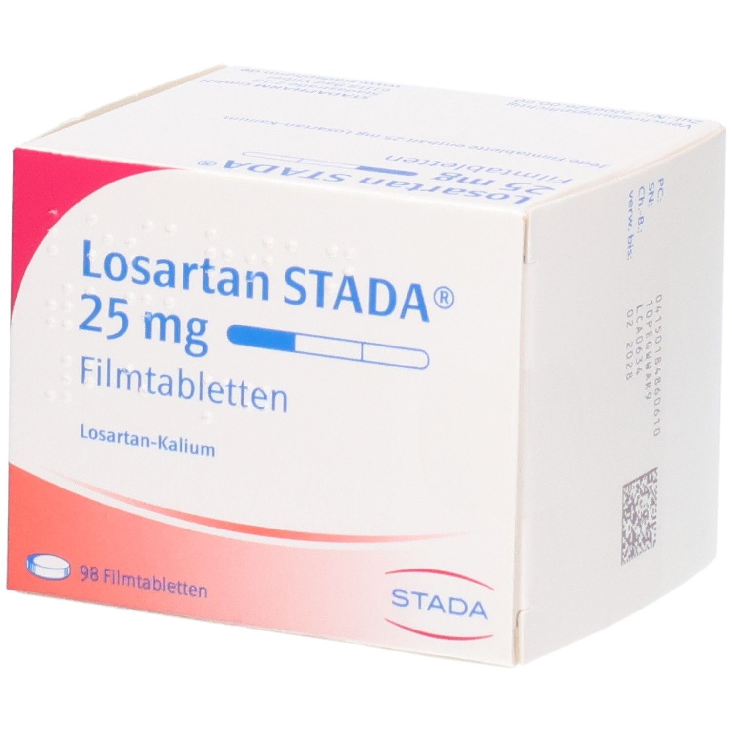 Seitenansicht der Verpackung von Losartan STADA 25 mg Filmtabletten.