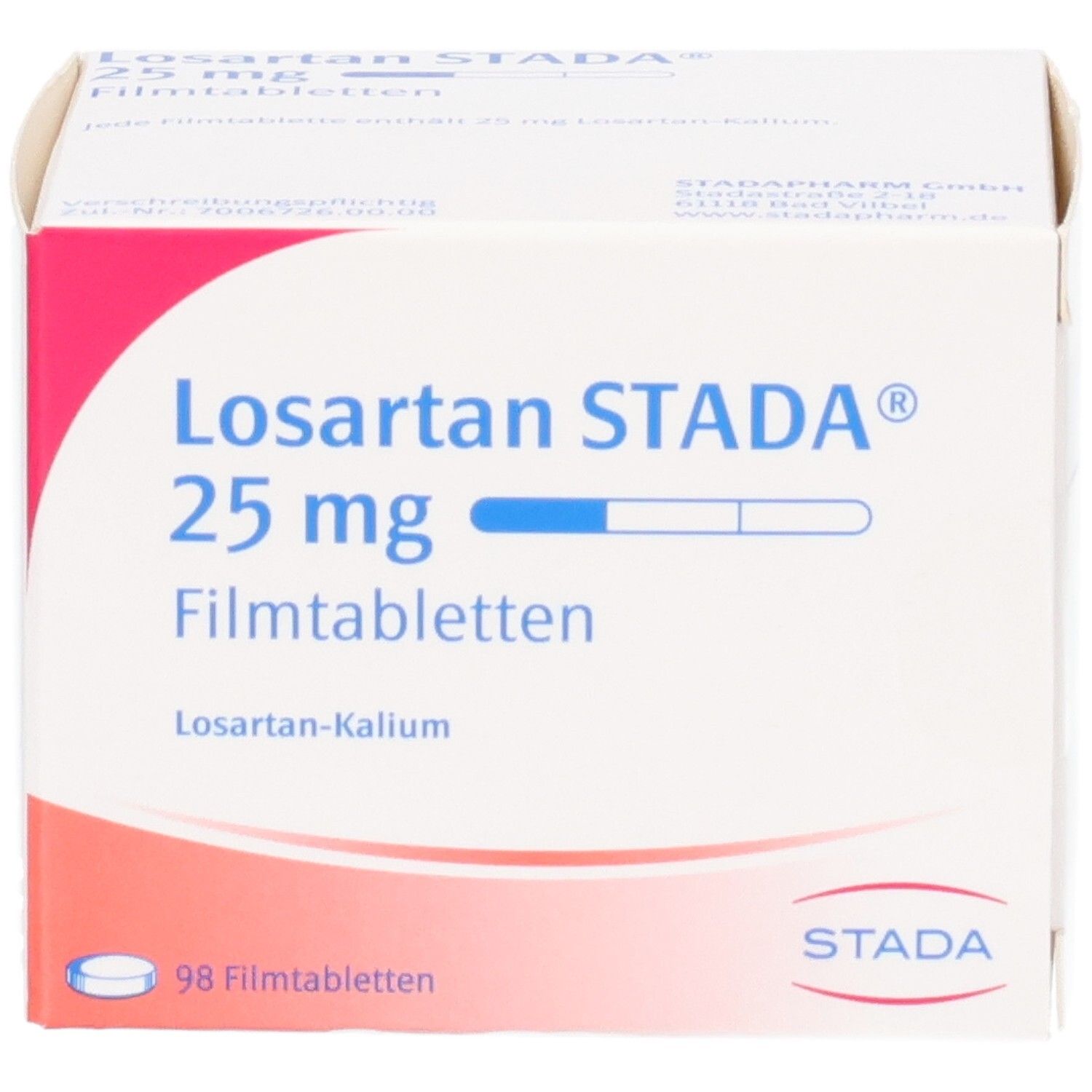Vorderseite der Verpackung von Losartan STADA 25 mg Filmtabletten, 98 Stück.