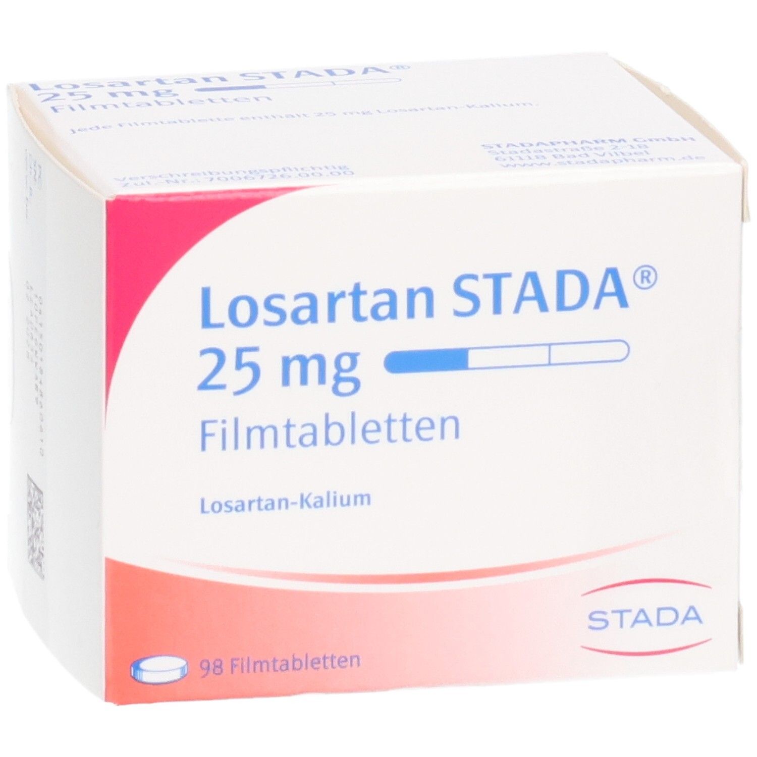 Verpackung von Losartan STADA 25 mg Filmtabletten, 98 Tabletten, STADA Logo.