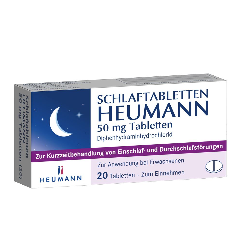 Schlaftabletten HEUMANN 50 mg Tabletten-Packung. Weiße Schachtel mit blauer und weißer Schrift. Mond- und Stern-Symbol.