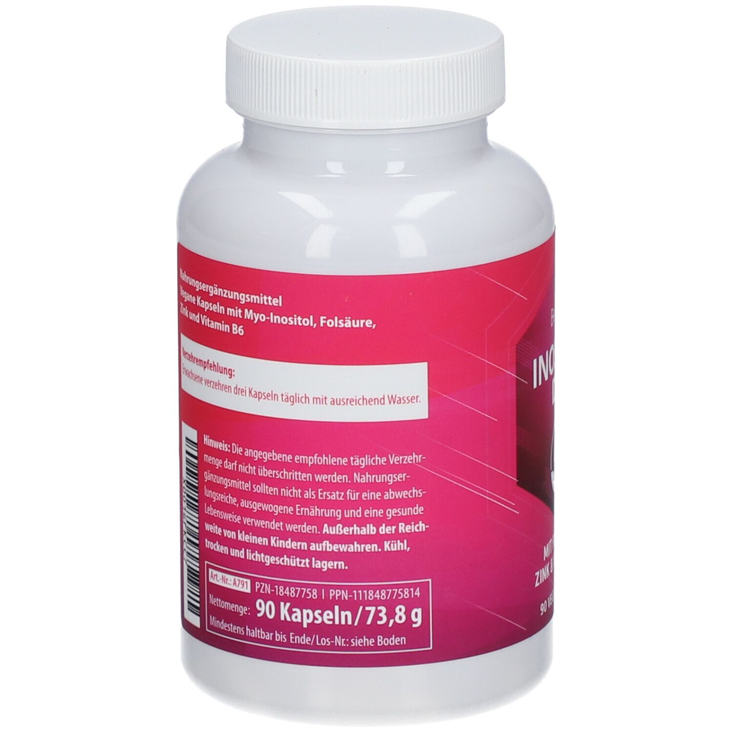 Rückseite der Flasche BeLive® INOSITOL MYO. Enthält Nährwertangaben und sonstige Stoffe. Text: 90 Kapseln/73,8 g. Mindestens haltbar bis: siehe Boden.