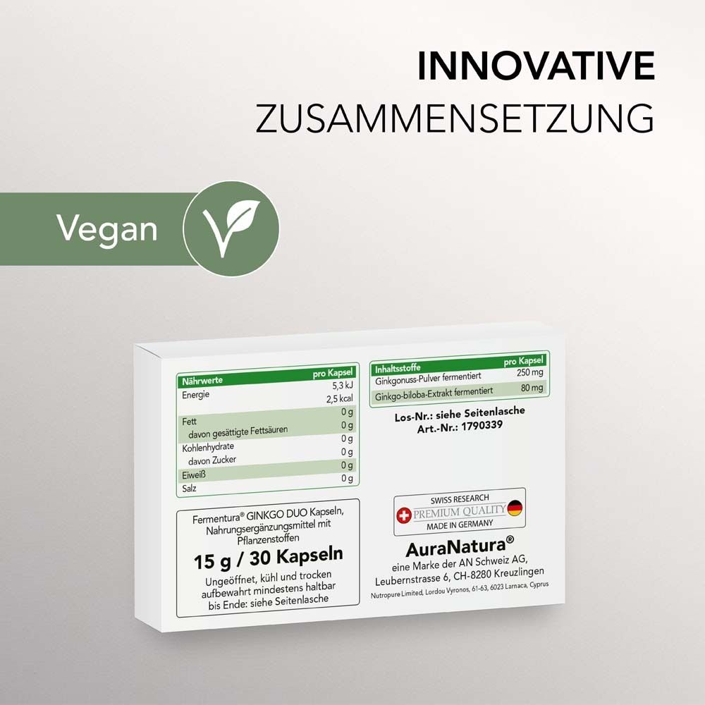 Produktverpackung. Text: Innovative Zusammensetzung. Vegan-Siegel. Nährwerttabelle. 15 g / 30 Kapseln.