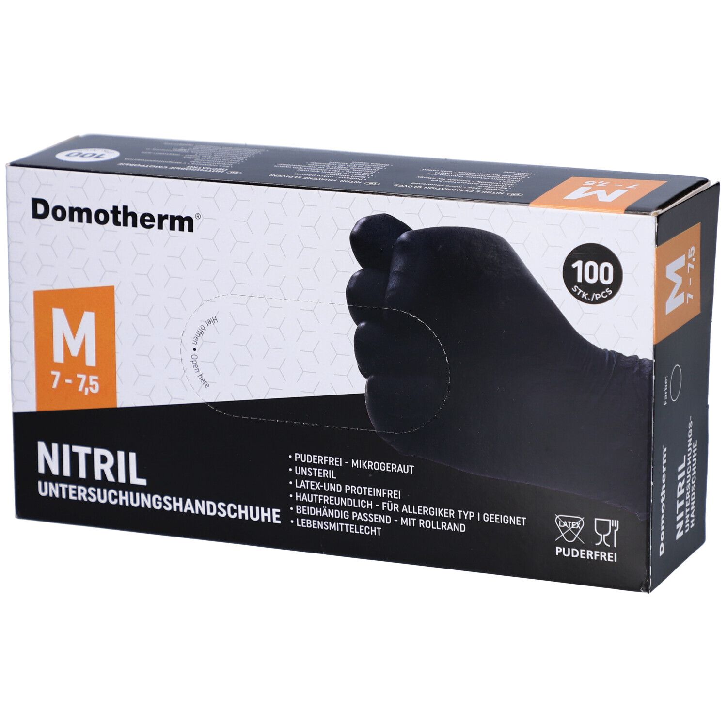 Schwarze Nitril-Untersuchungshandschuhe in einer Schachtel. Größe M, 7-7,5. 100 Stück. Marke Domotherm. Puderfrei.