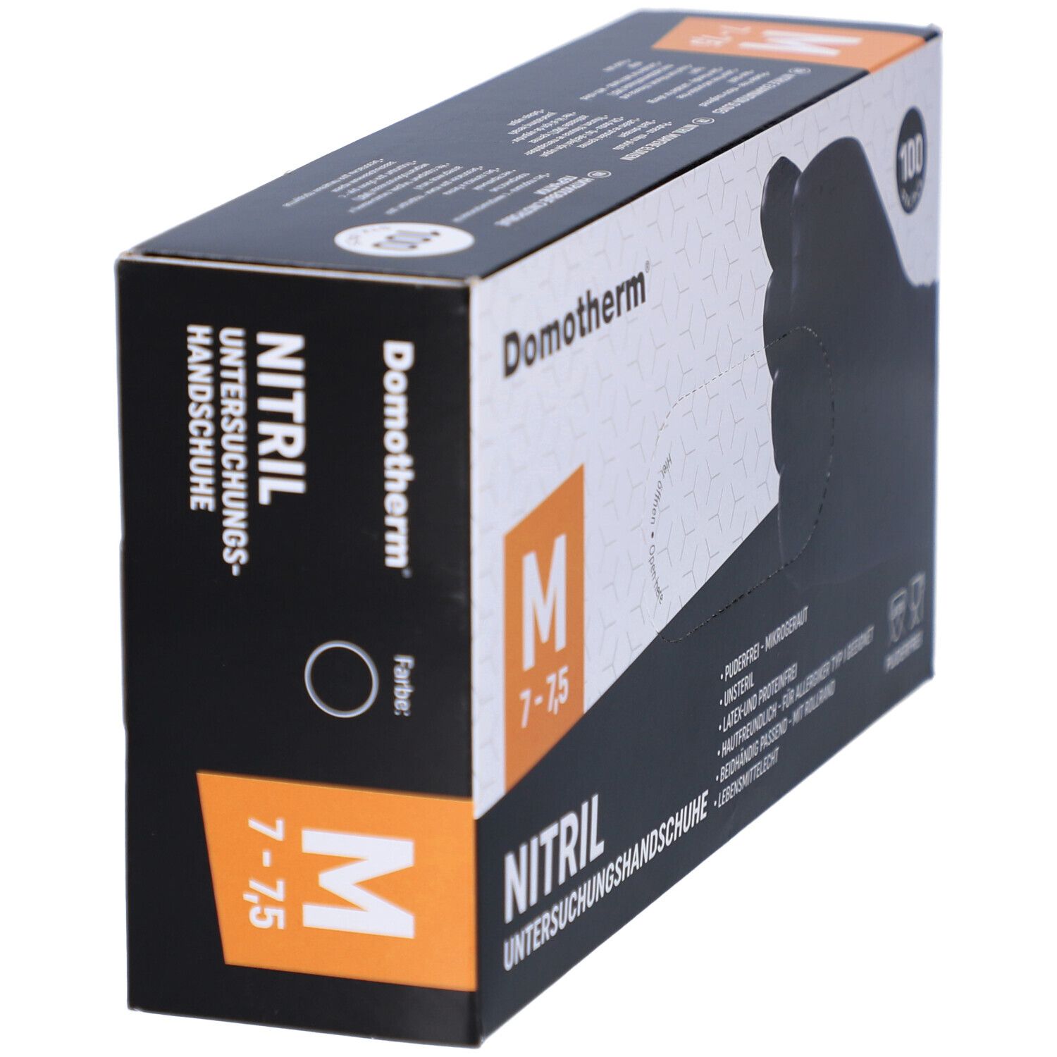 Schachtel mit schwarzen Nitril-Untersuchungshandschuhen. Größe M, 7-7,5. Marke Domotherm. Schwarze Handschuh-Abbildung.