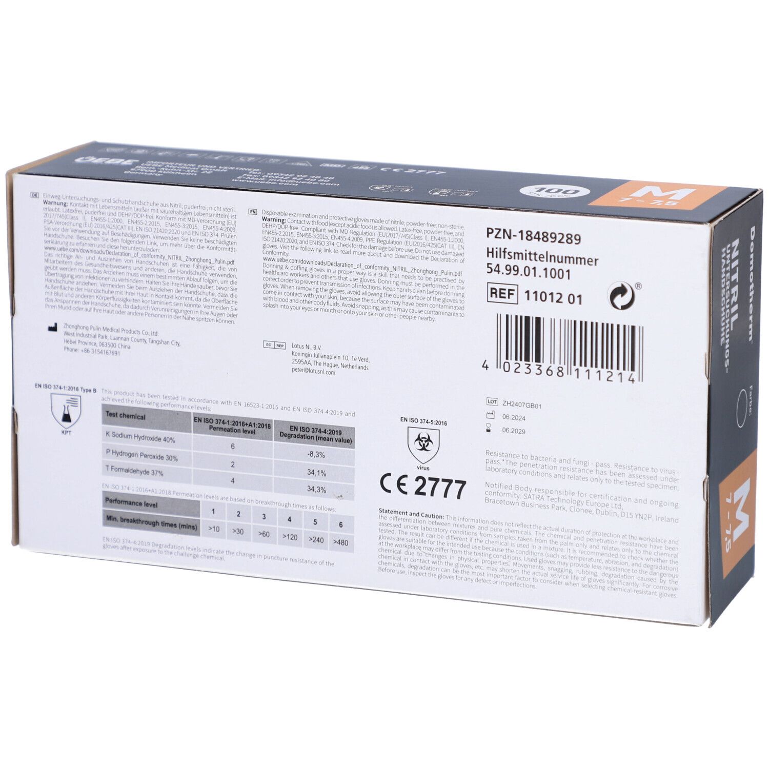 Rückseite der Schachtel mit Nitril-Untersuchungshandschuhen. Informationen, CE-Kennzeichnung, Chargennummer, Hersteller.