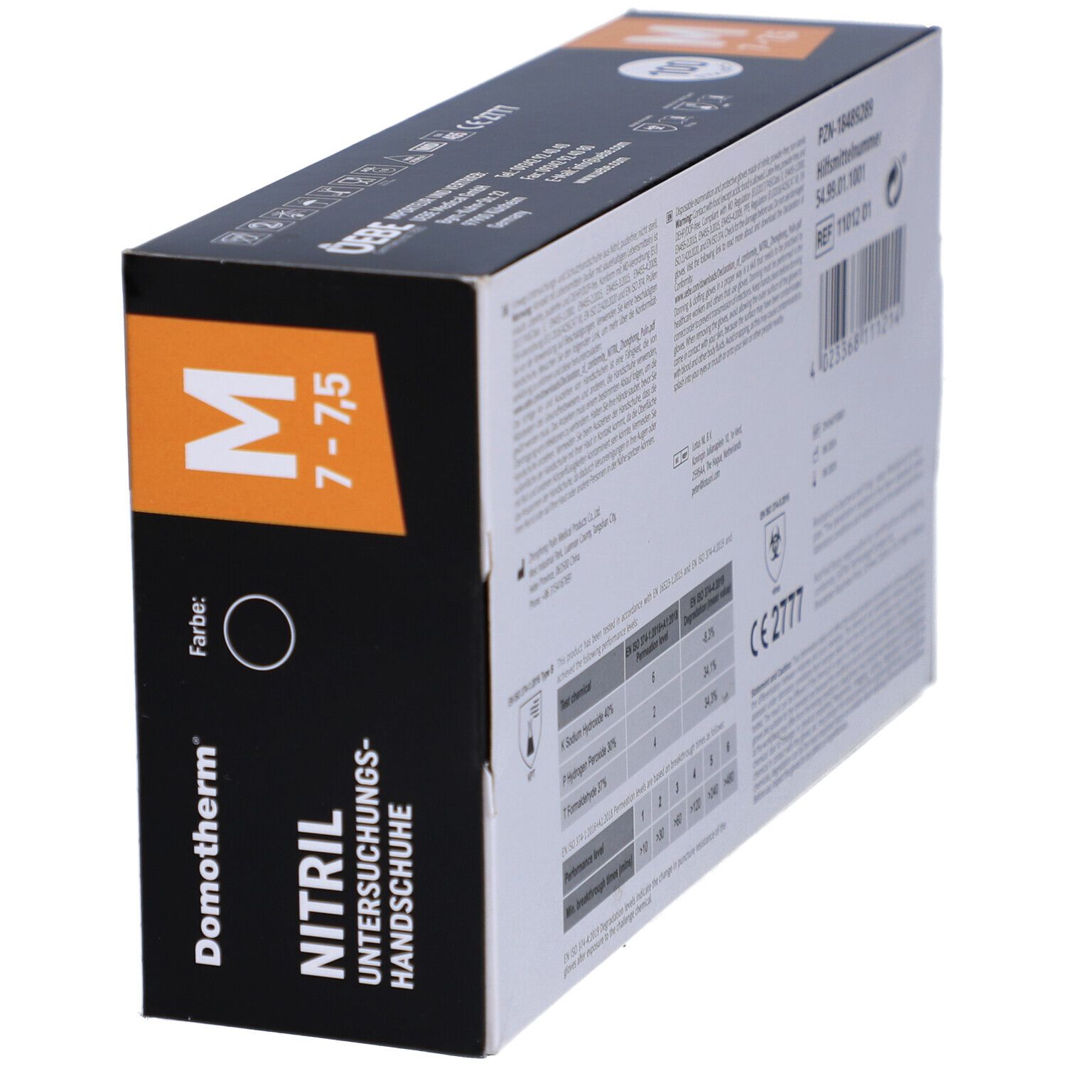 Schachtel mit Nitril-Untersuchungshandschuhen. Größe M, 7-7,5. Marke Domotherm. CE-Kennzeichnung.