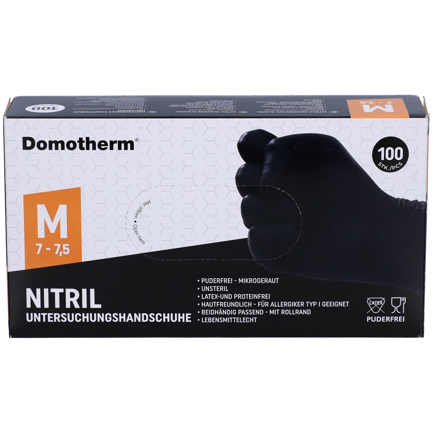 Schachtel mit schwarzen Nitril-Untersuchungshandschuhen. Größe M, 7-7,5. 100 Stück. Marke Domotherm. Puderfrei.