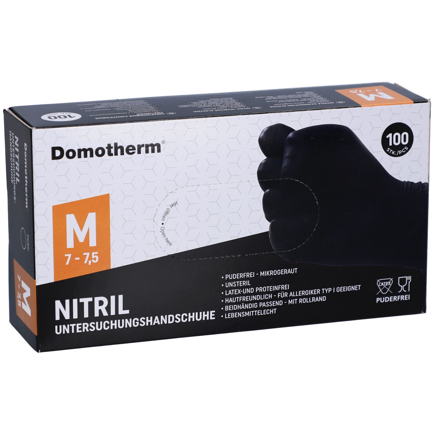 Schachtel mit schwarzen Nitril-Untersuchungshandschuhen. Größe M, 7-7,5. 100 Stück. Marke Domotherm. Puderfrei.