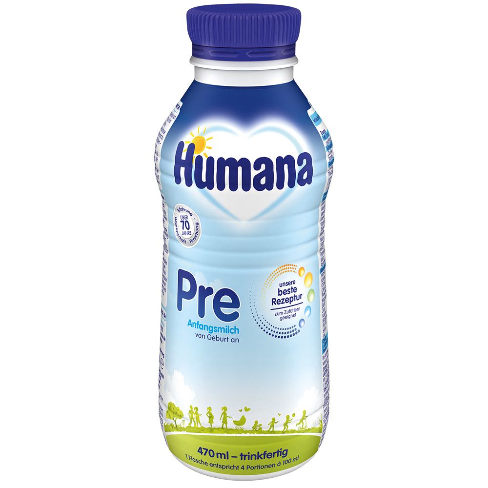 Trinkfertige Humana Anfangsmilch Pre Flasche. Blau-weißes Design mit Logo, Text und Illustrationen. Blaue Kappe, grüne Basis.