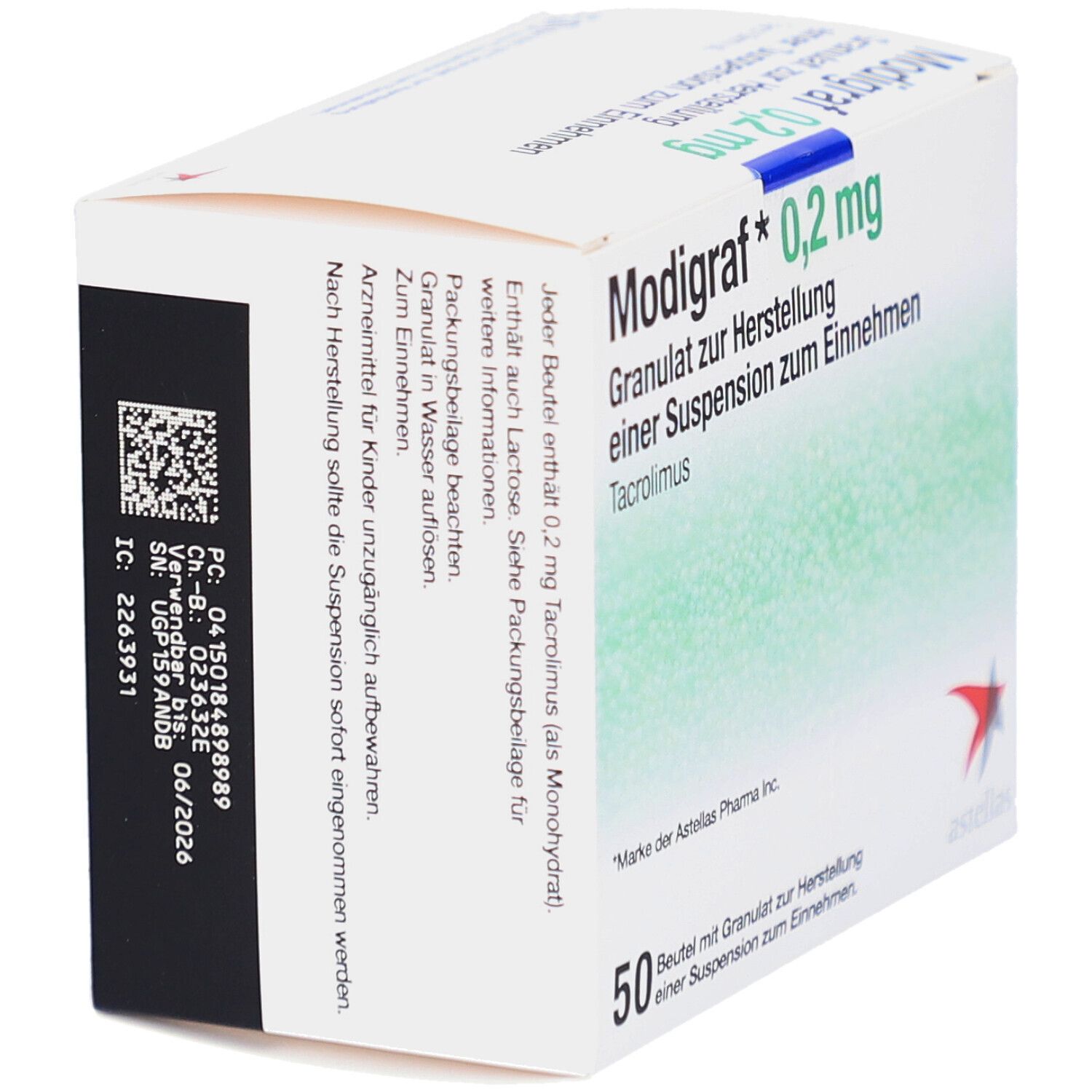 Weiße Faltschachtel mit "Modigraf 0,2 mg". Rückseite mit Text und Barcode. Enthält 50 Beutel Granulat.