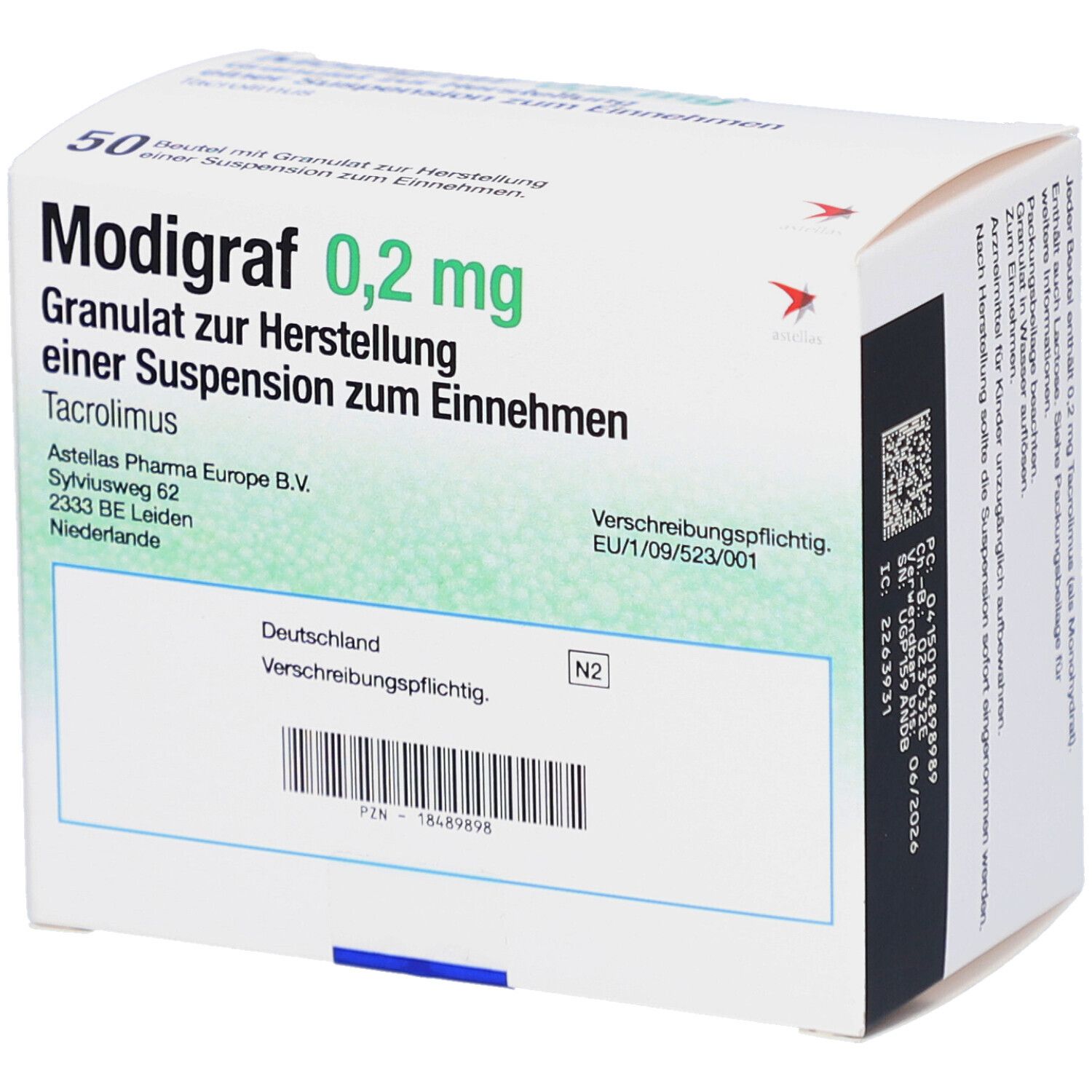 Weiße Faltschachtel mit "Modigraf 0,2 mg". Seite mit Text, Barcode und Herstellerinformationen. 50 Beutel.