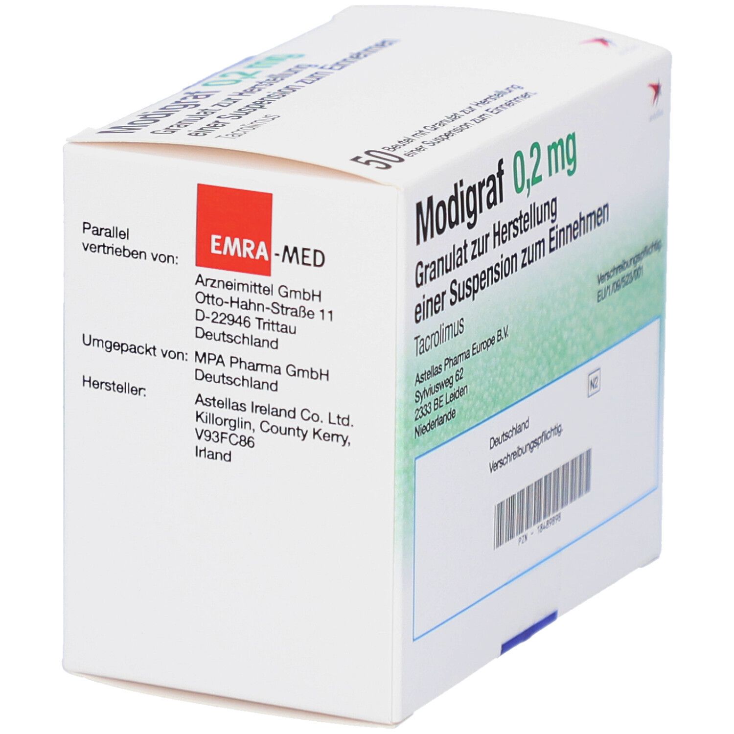 Weiße Faltschachtel mit "Modigraf 0,2 mg". Seite mit Hersteller- und Vertriebsinformationen. 50 Beutel Granulat.