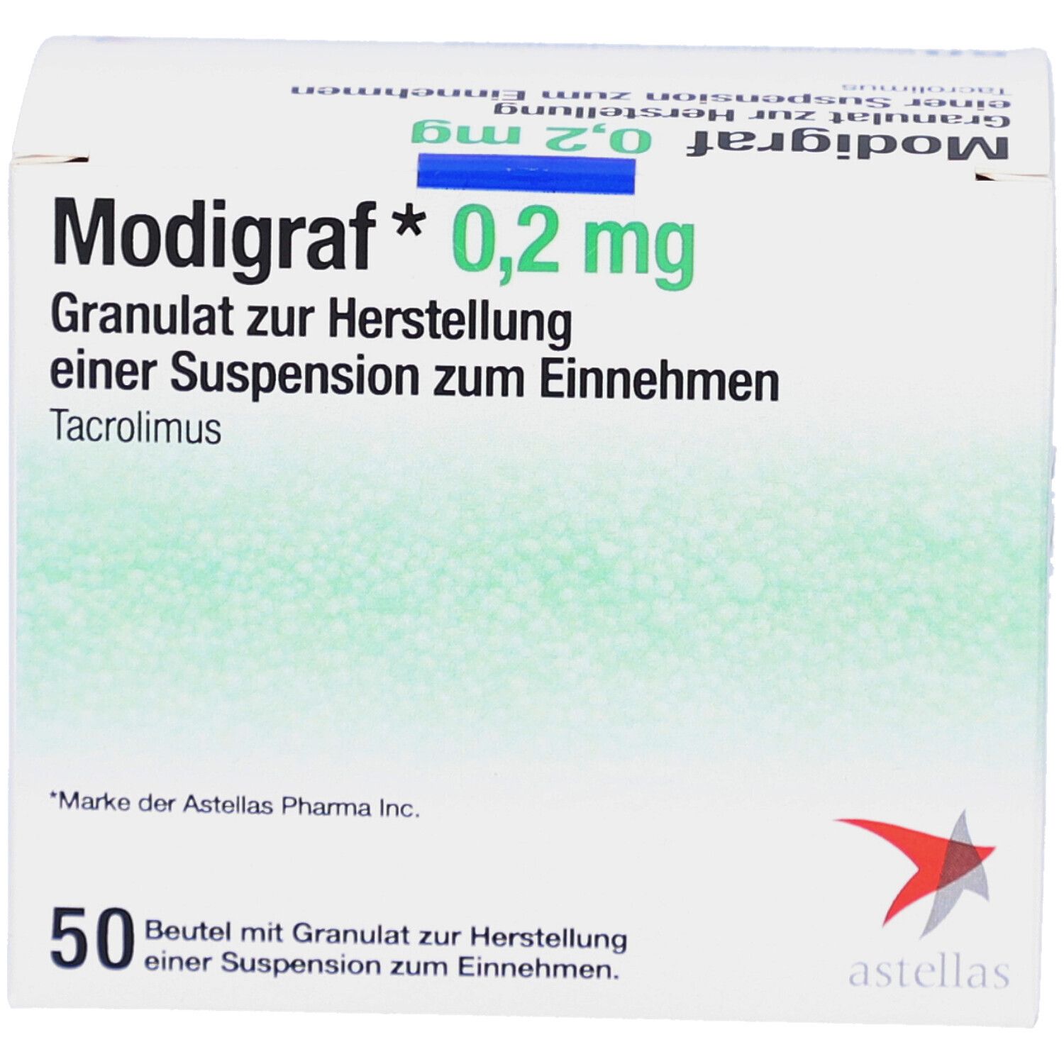 Weiße Faltschachtel mit "Modigraf 0,2 mg". Enthält 50 Beutel Granulat zur Herstellung einer Suspension. Astellas Logo.