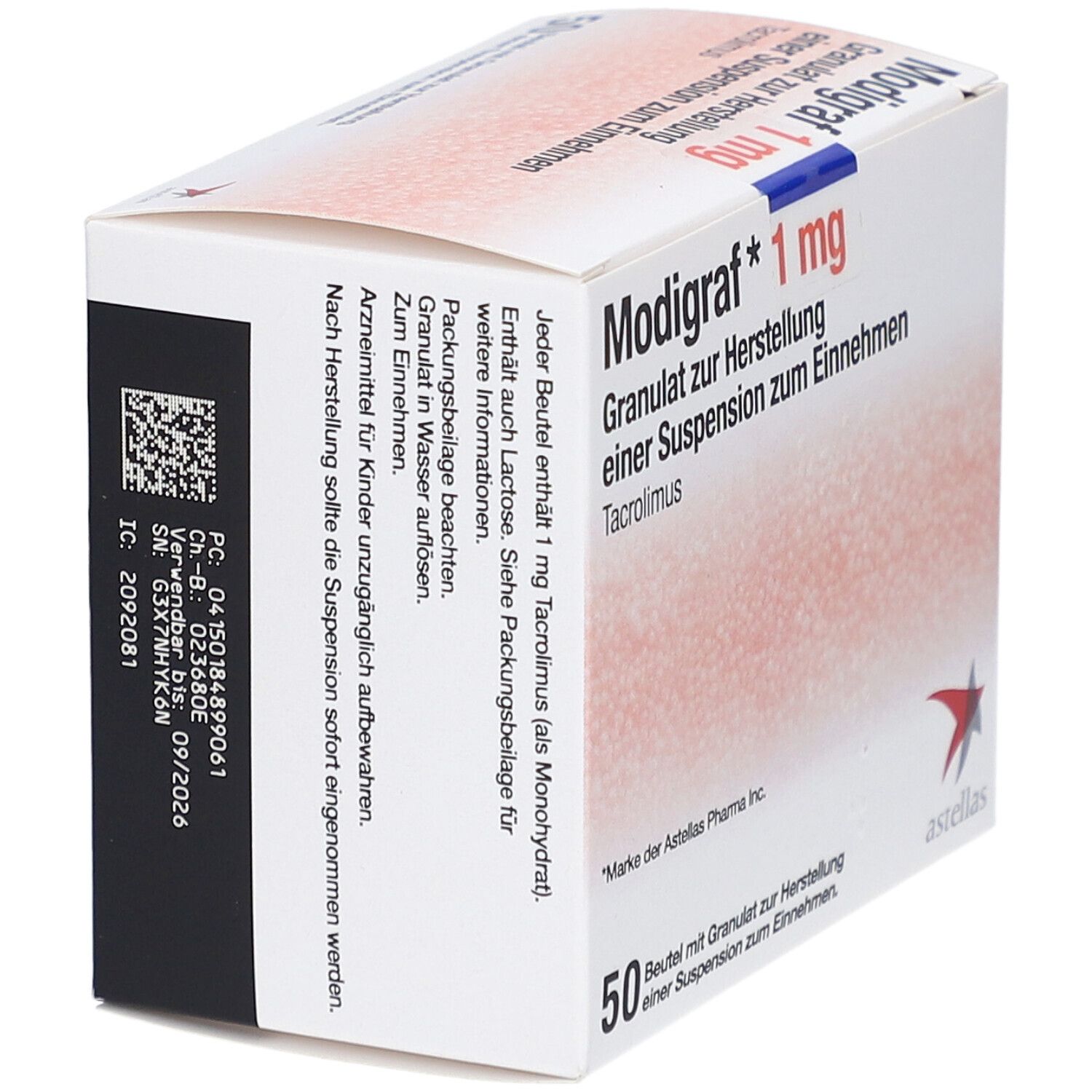 Schrägansicht einer "Modigraf 1 mg"-Packung. Text: Granulat zur Herstellung einer Suspension zum Einnehmen. 50 Beutel. Astellas-Logo.