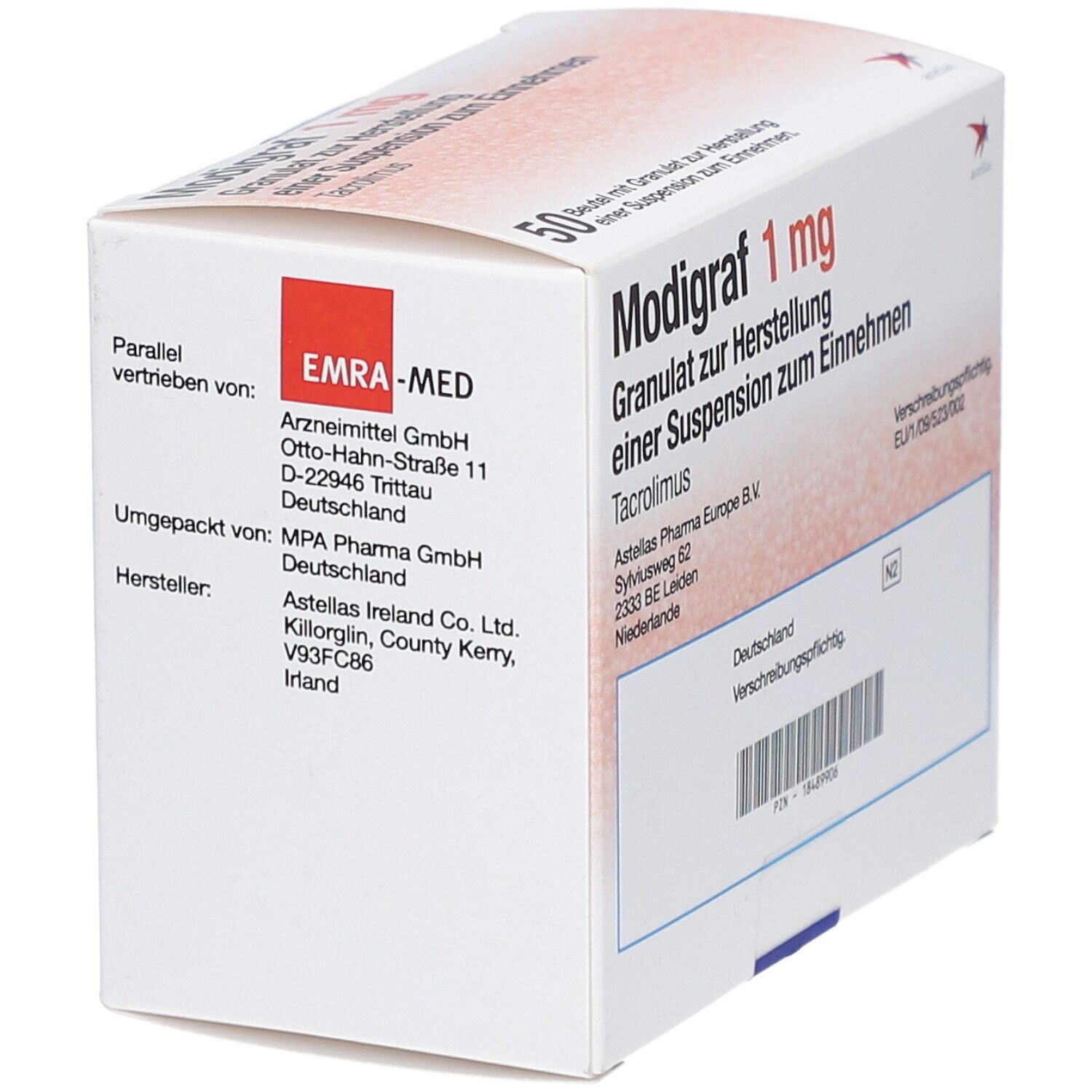 Packung "Modigraf 1 mg". Text: Granulat zur Herstellung einer Suspension zum Einnehmen. Hersteller- und Vertriebsinformationen. Astellas-Logo.