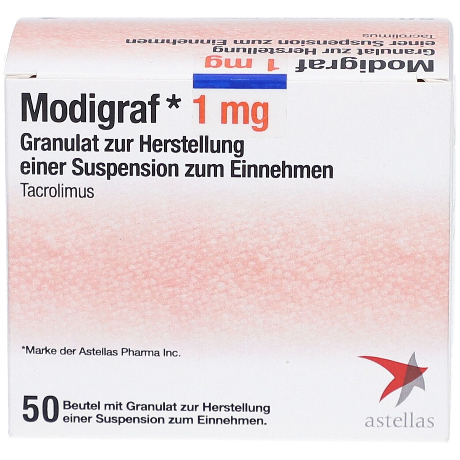 Packung "Modigraf 1 mg". Text: Granulat zur Herstellung einer Suspension zum Einnehmen. 50 Beutel. Astellas-Logo.
