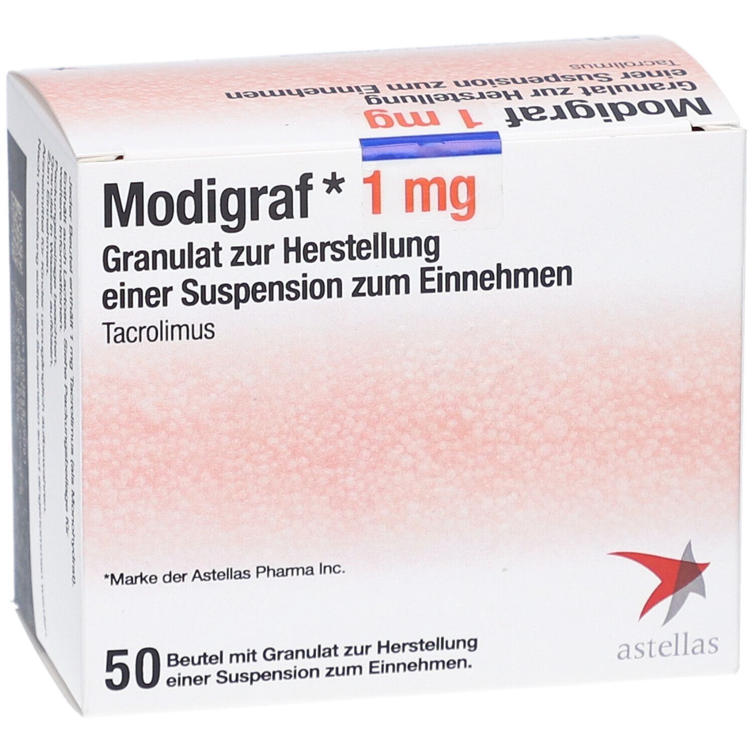 Packung "Modigraf 1 mg". Text: Granulat zur Herstellung einer Suspension zum Einnehmen. 50 Beutel. Astellas-Logo.