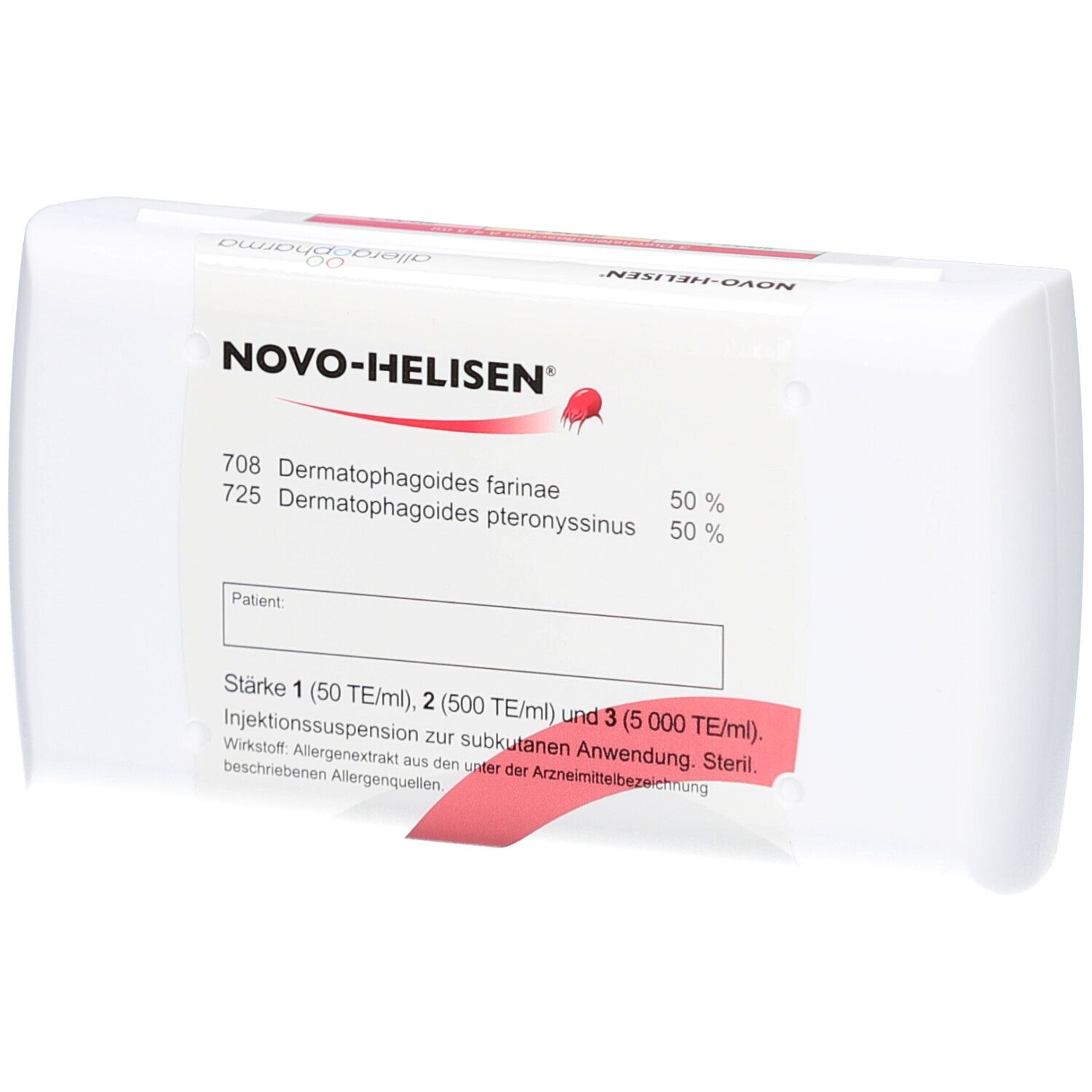 Weiße Verpackung mit Etikett. Aufschrift: NOVO-HELISEN, Informationen zu Inhaltsstoffen und Stärken. Roter Streifen.