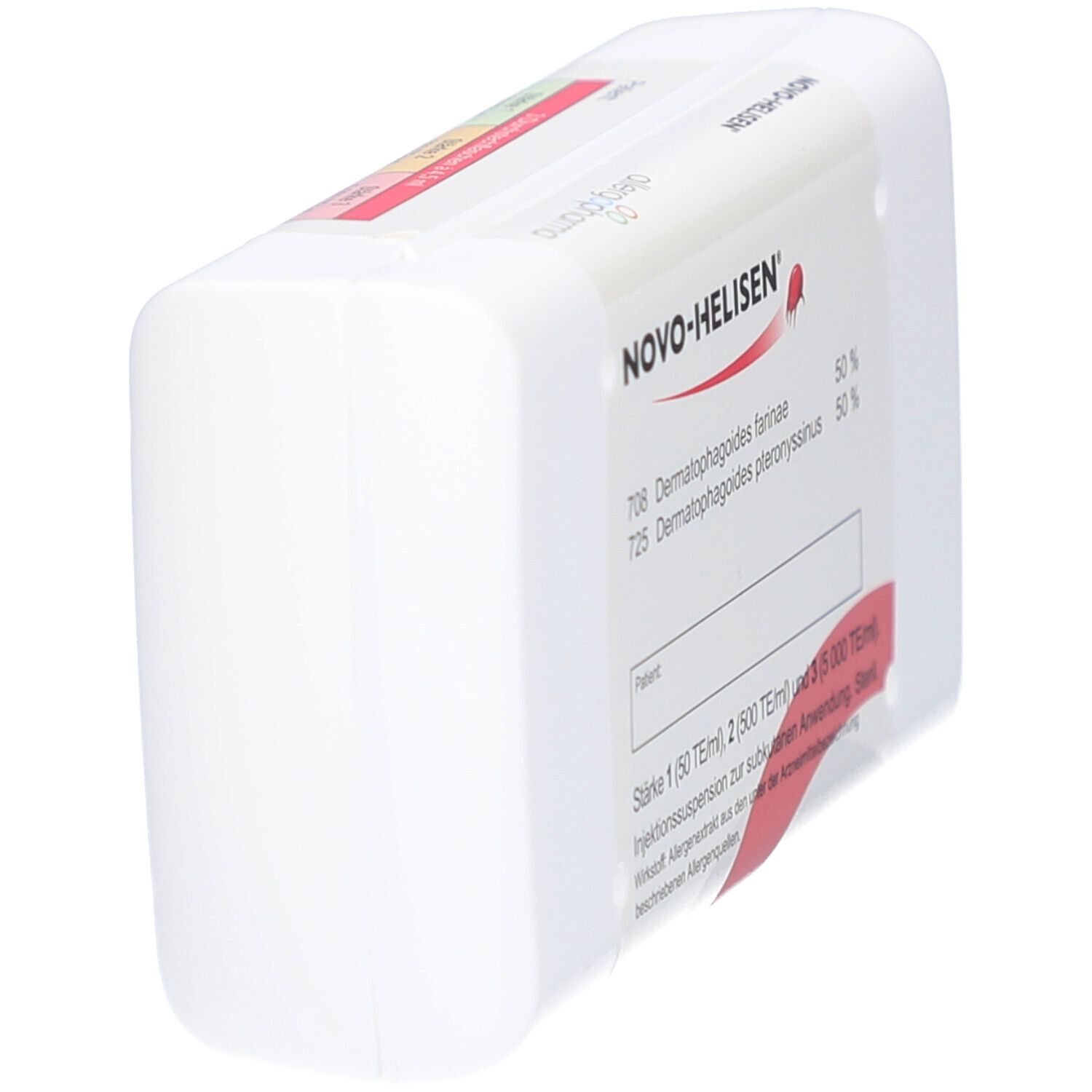 Weiße Verpackung, schräg von oben. Etikett mit NOVO-HELISEN und Inhaltsstoffinformationen. Roter Streifen.