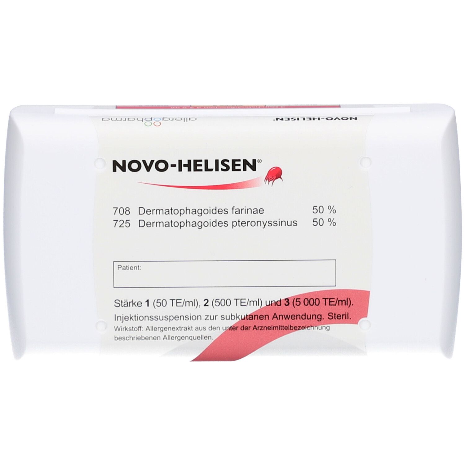 Weiße Verpackung mit Etikett. Aufschrift: NOVO-HELISEN, Informationen zu Inhaltsstoffen und Stärken. Roter Streifen.