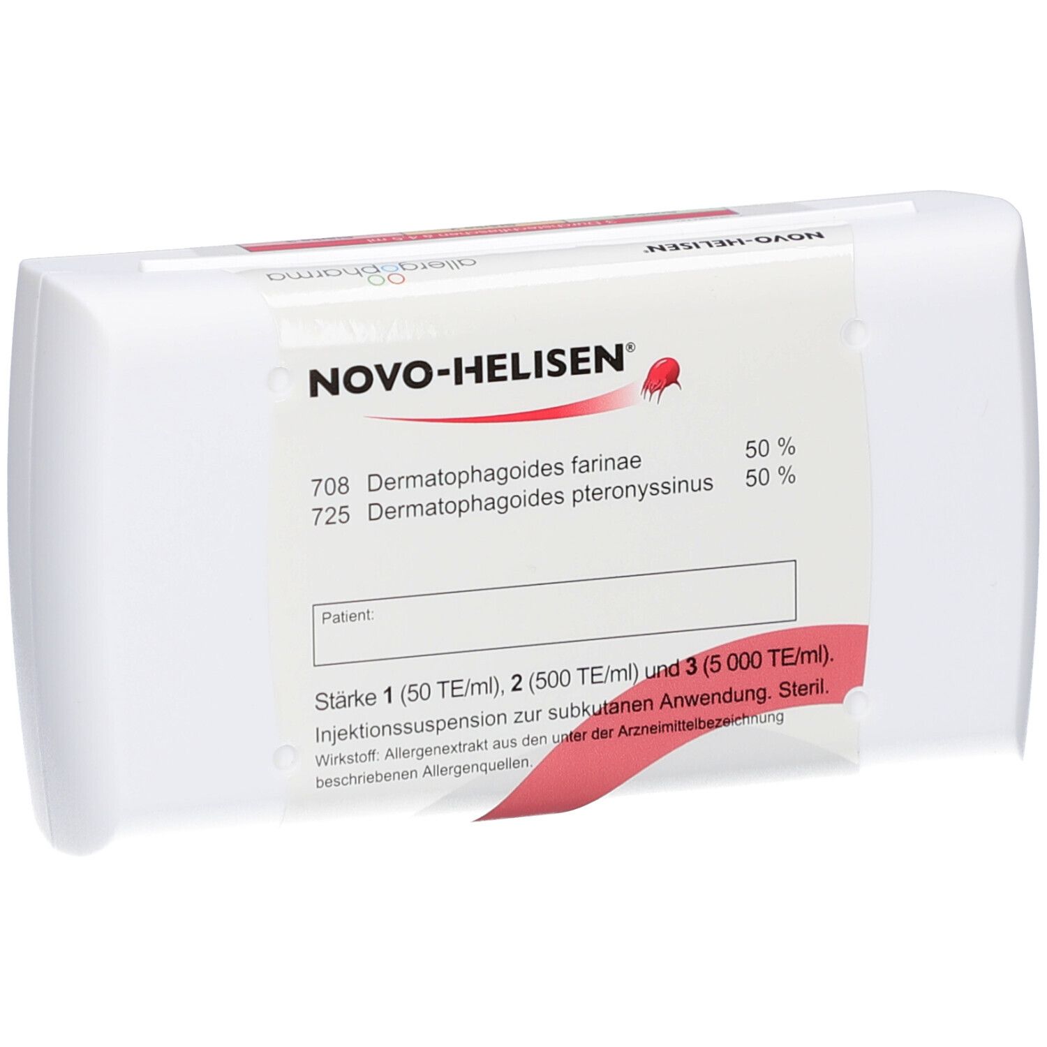 Weiße Verpackung mit Etikett. Aufschrift: NOVO-HELISEN, Informationen zu Inhaltsstoffen und Stärken. Roter Streifen.