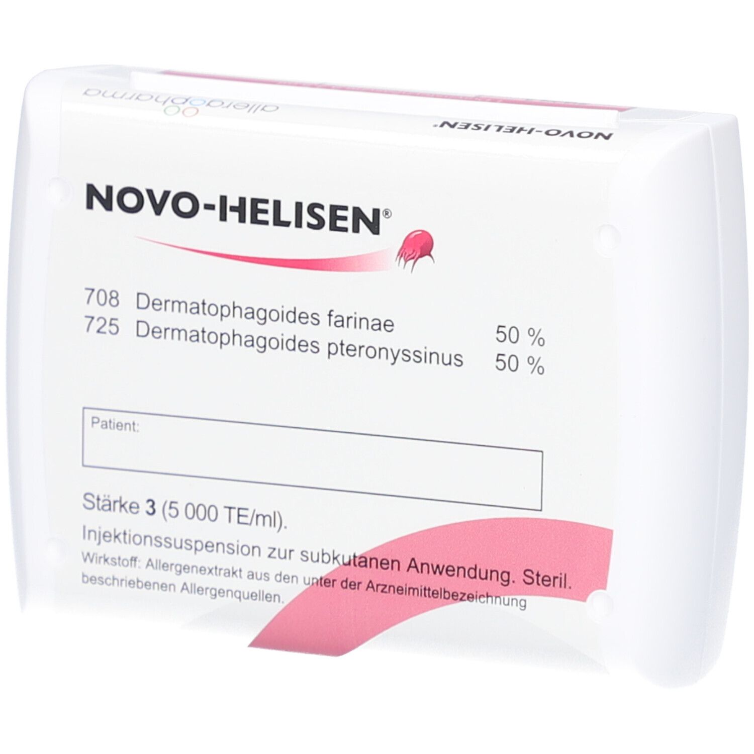 Weiße Verpackung mit Produktinformationen. Aufschrift: NOVO-HELISEN, 708, 725. Rote Designelemente. Stärke 3.