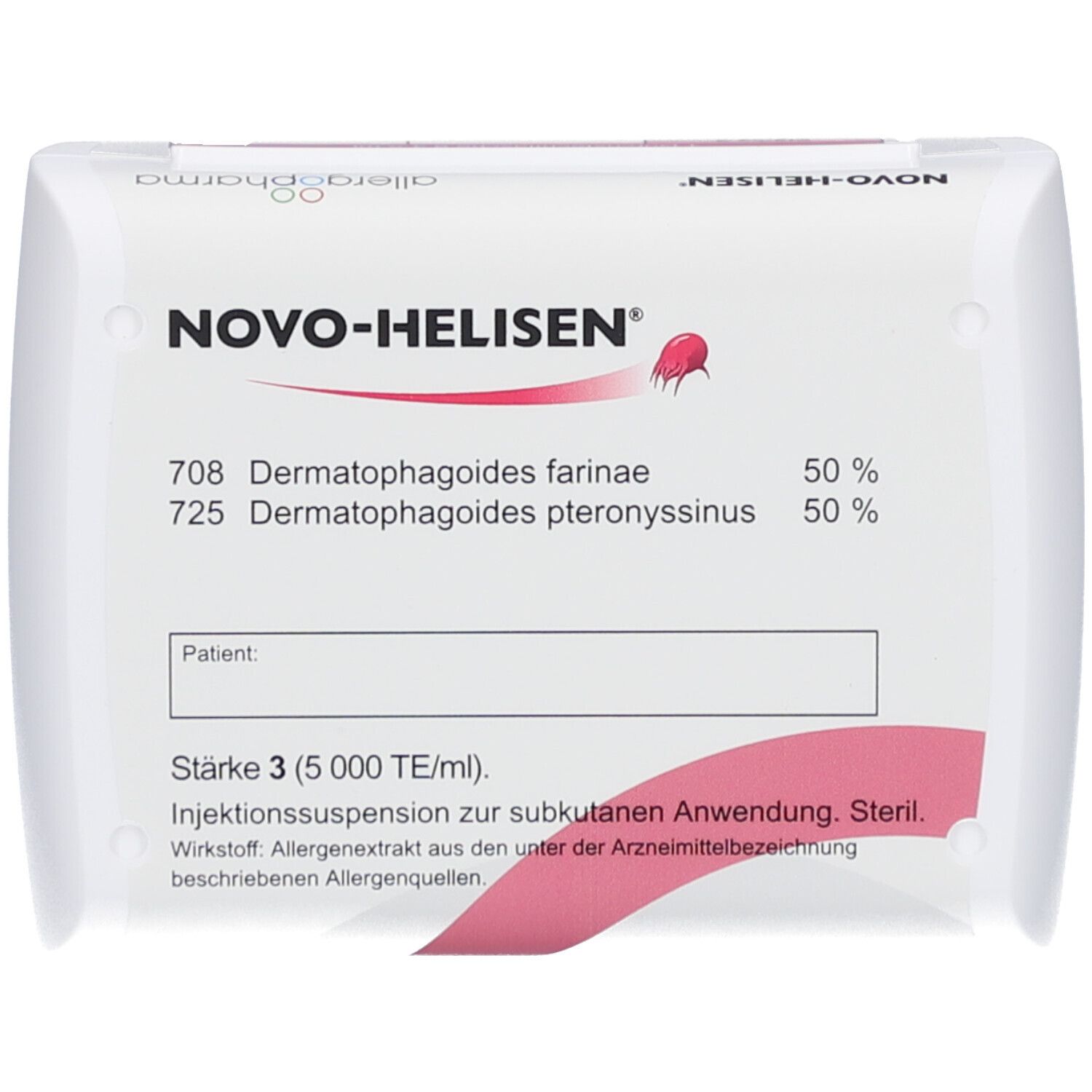 Weiße Verpackung mit Produktinformationen. Aufschrift: NOVO-HELISEN, 708, 725. Rote Designelemente. Stärke 3.