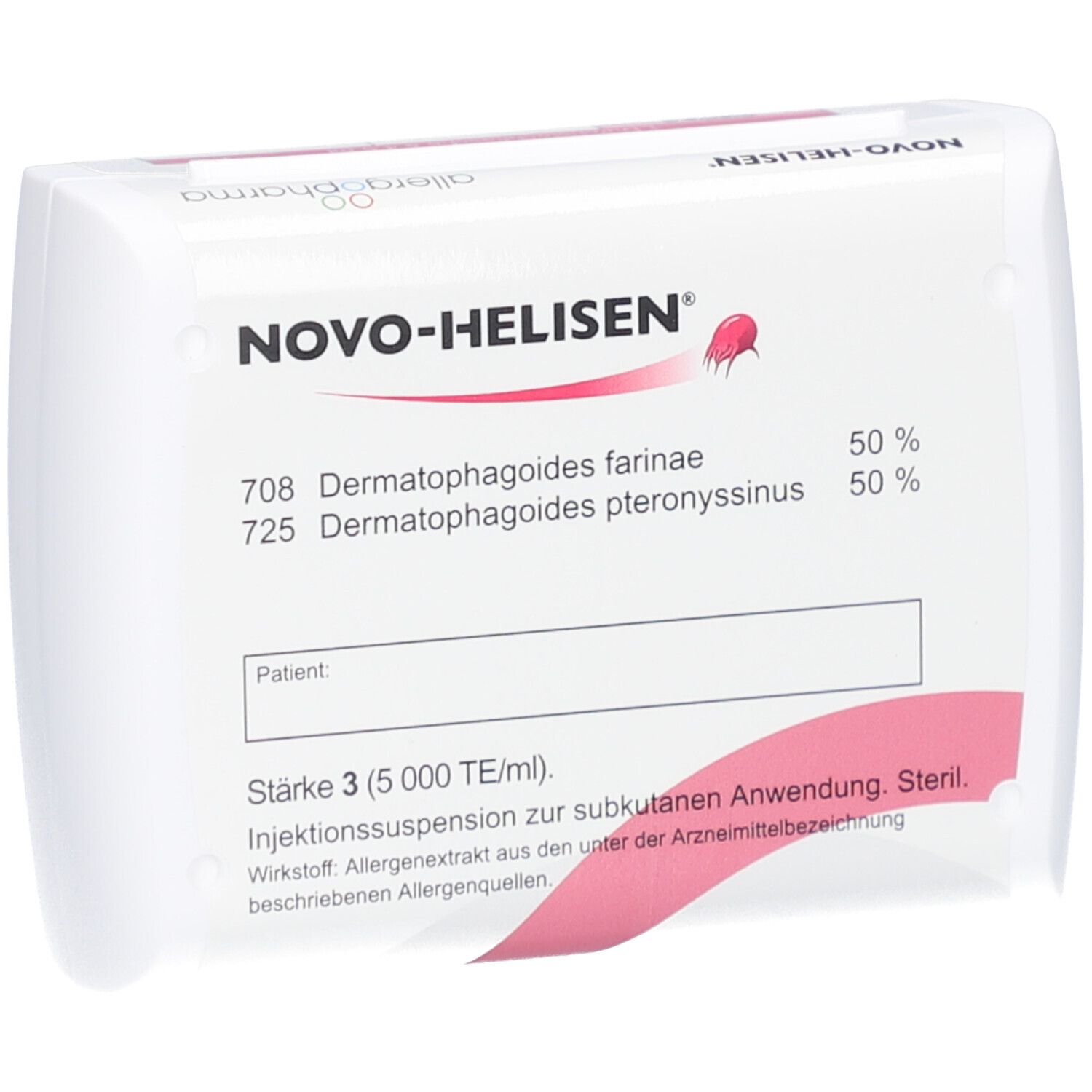 Weiße Verpackung mit Produktinformationen. Aufschrift: NOVO-HELISEN, 708, 725. Rote Designelemente. Stärke 3.