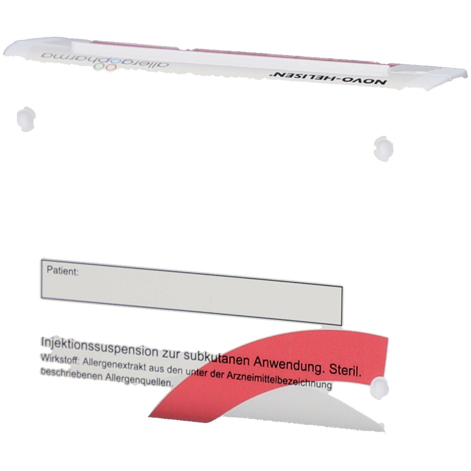 Verpackung von NOVO-HELISEN. Rote und weiße Elemente. Text: Injektionssuspension, steril.