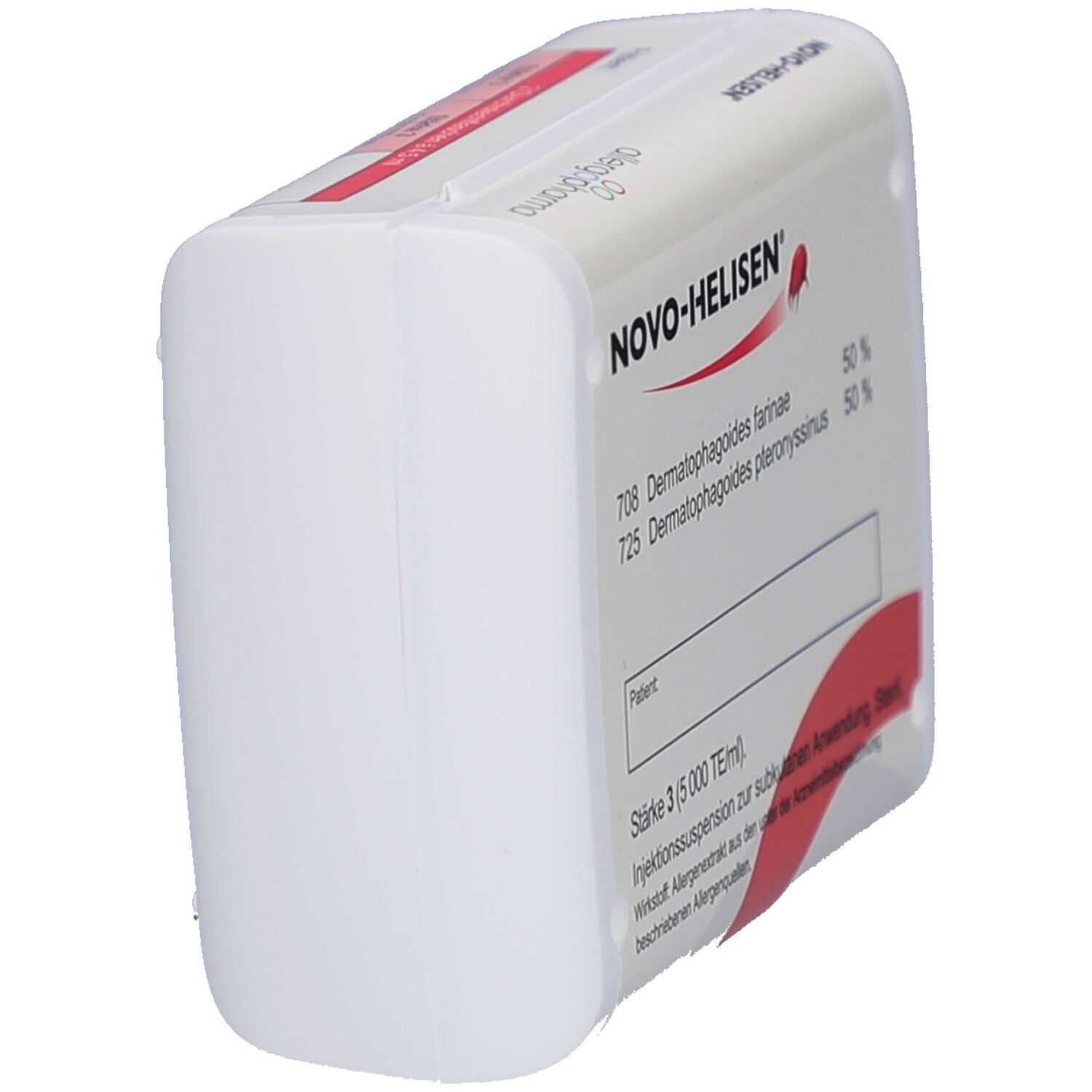 Weiße Verpackung von NOVO-HELISEN. Roter Streifen mit Text. Text: Dermatophagoides farinae, pteryonyssinus.