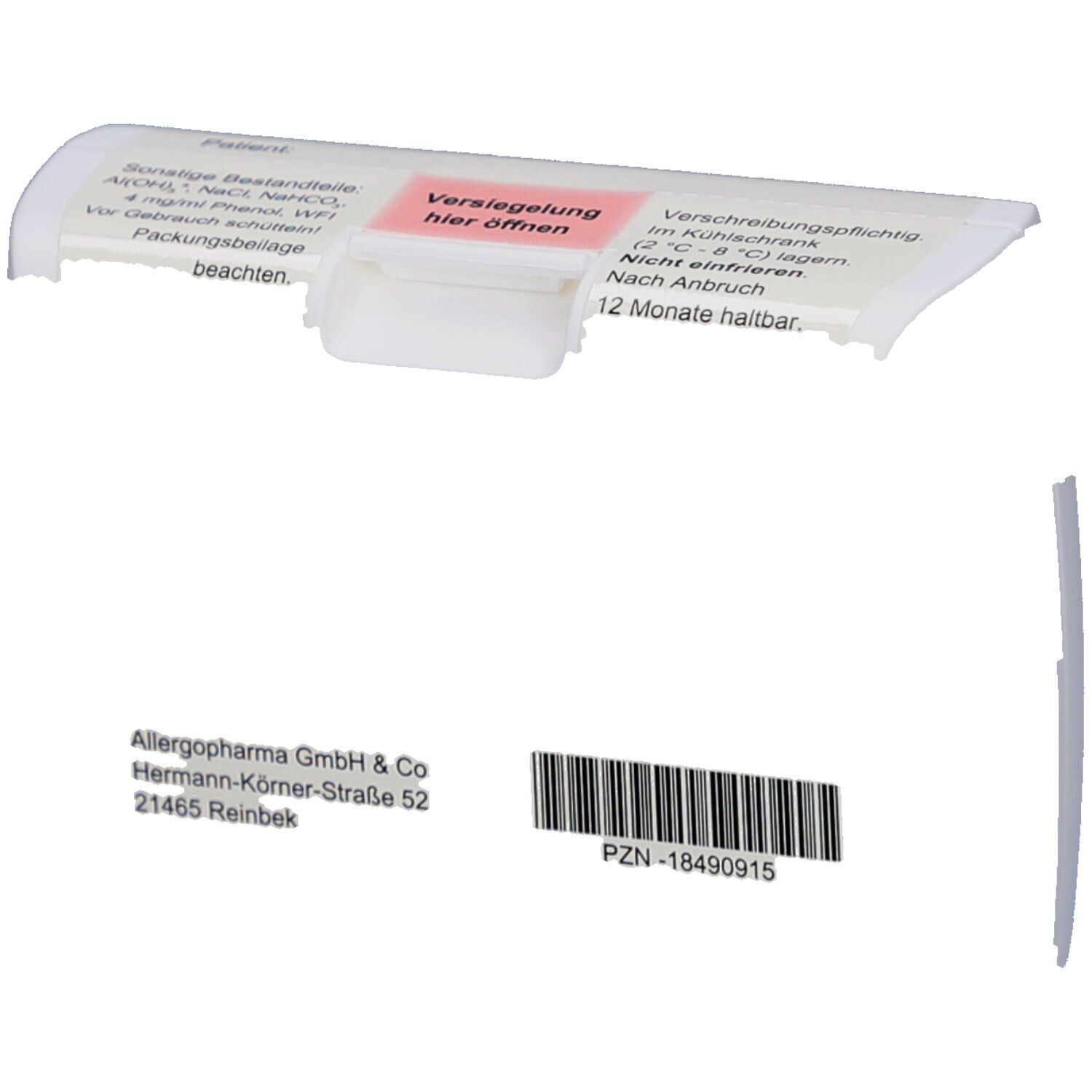 Verpackung von NOVO-HELISEN. Text: Versiegelung hier öffnen. Barcode und Firmenadresse.