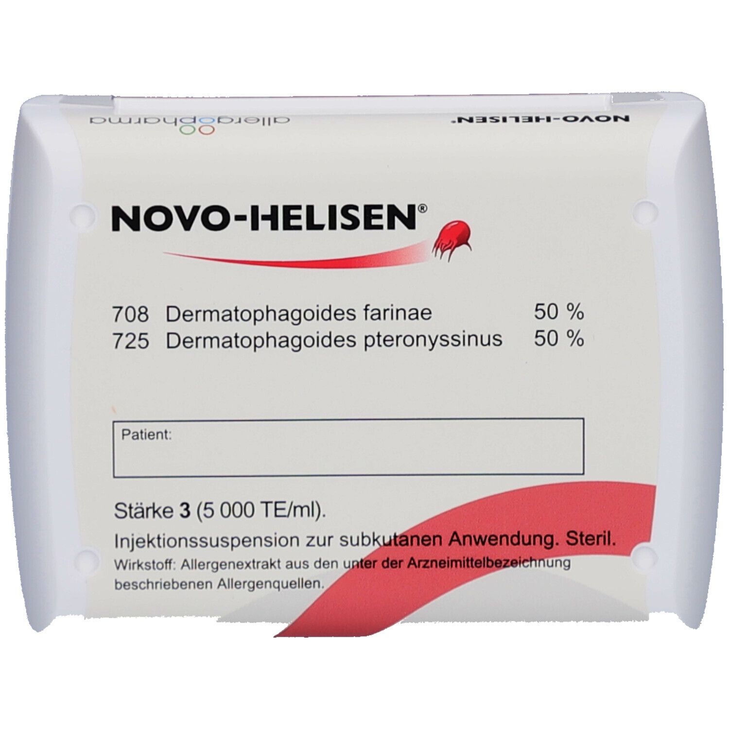 Verpackung von NOVO-HELISEN. Text: Dermatophagoides farinae, pteryonyssinus. Stärke 3 (5 000 TE/ml).