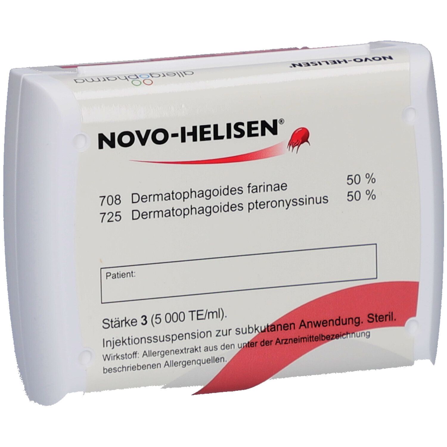 Verpackung von NOVO-HELISEN. Text: Dermatophagoides farinae, pteryonyssinus. Stärke 3 (5 000 TE/ml).