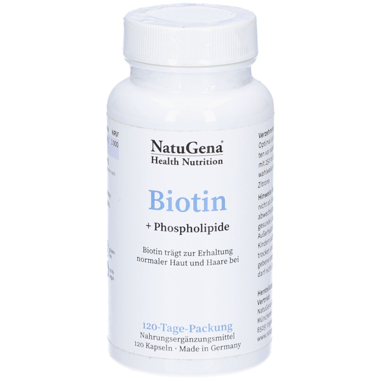 Weiße Flasche mit Schraubverschluss. Aufschrift: NatuGena, Biotin + Phospholipide. 120-Tage-Packung.
