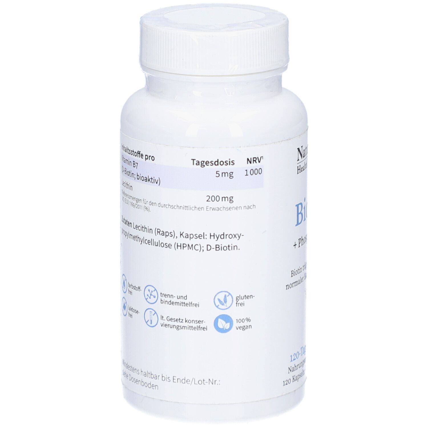 Weiße Flasche mit Informationen. Enthält: Vitamin B7, Lecithin. Kennzeichnungen: glutenfrei, laktosefrei, vegan.
