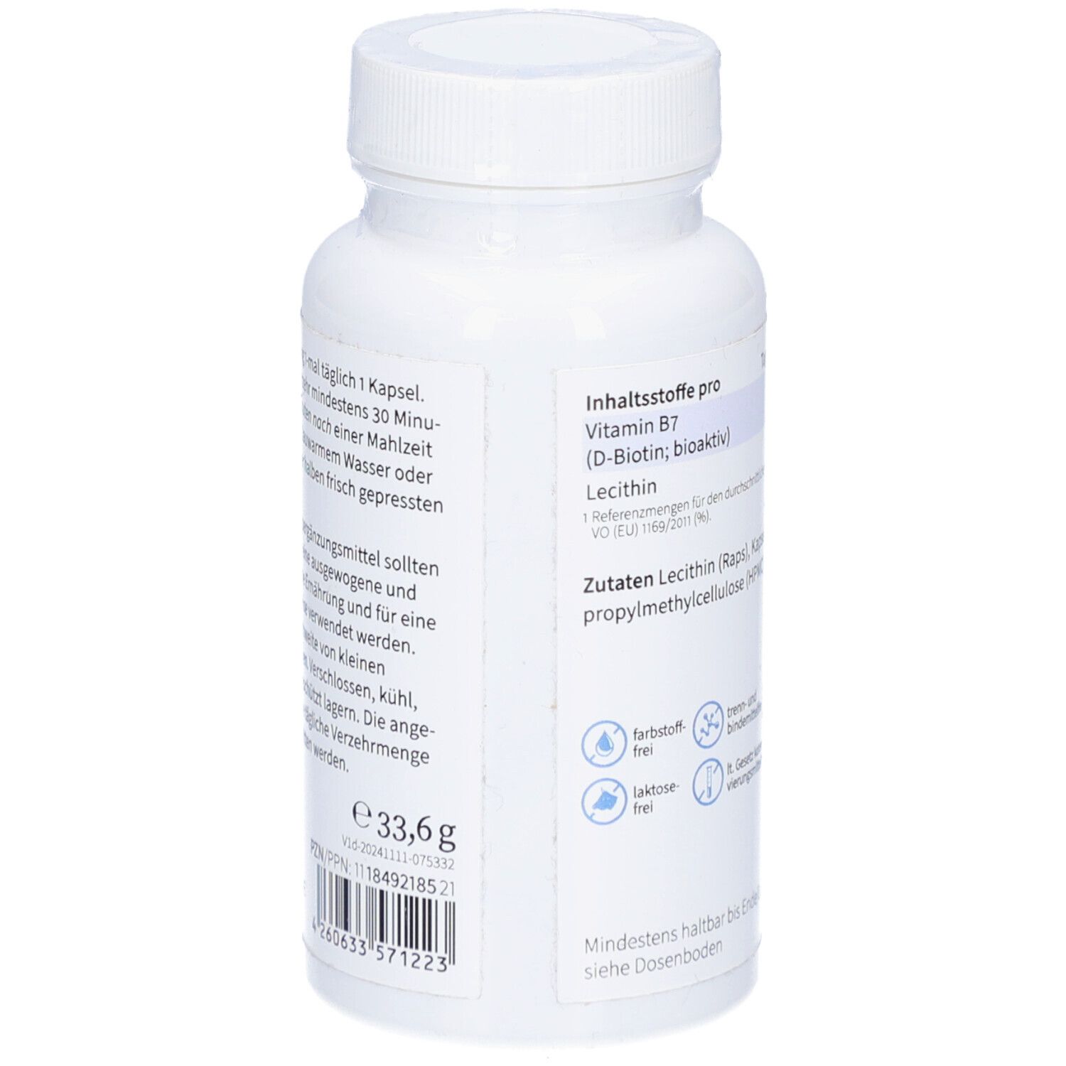 Weiße Flasche mit Informationen. Enthält: Lecithin, Zutaten. EAN-Code und Chargennummer. Gewicht: 33,6 g.
