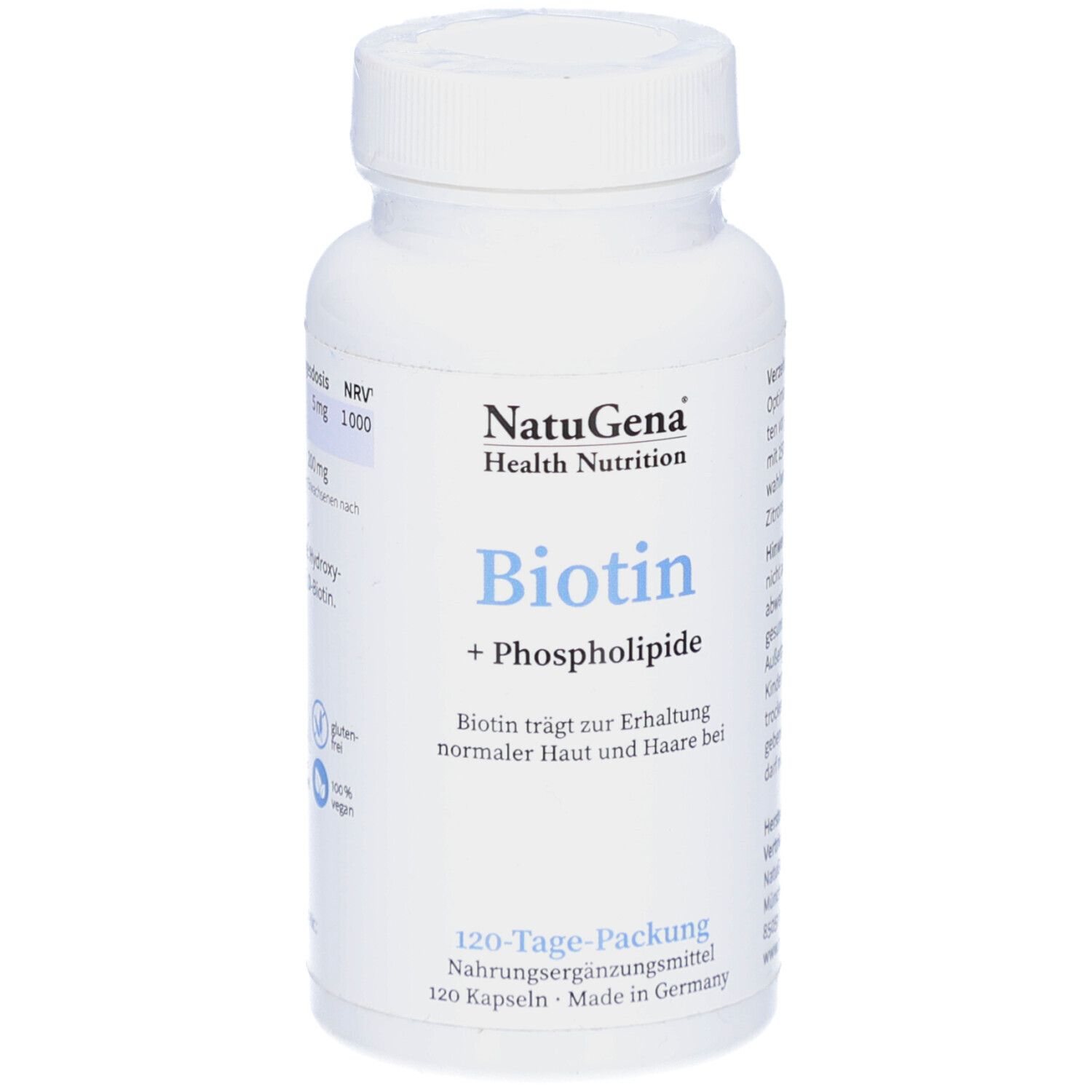 Weiße Flasche mit Schraubverschluss. Aufschrift: NatuGena, Biotin + Phospholipide. 120-Tage-Packung.