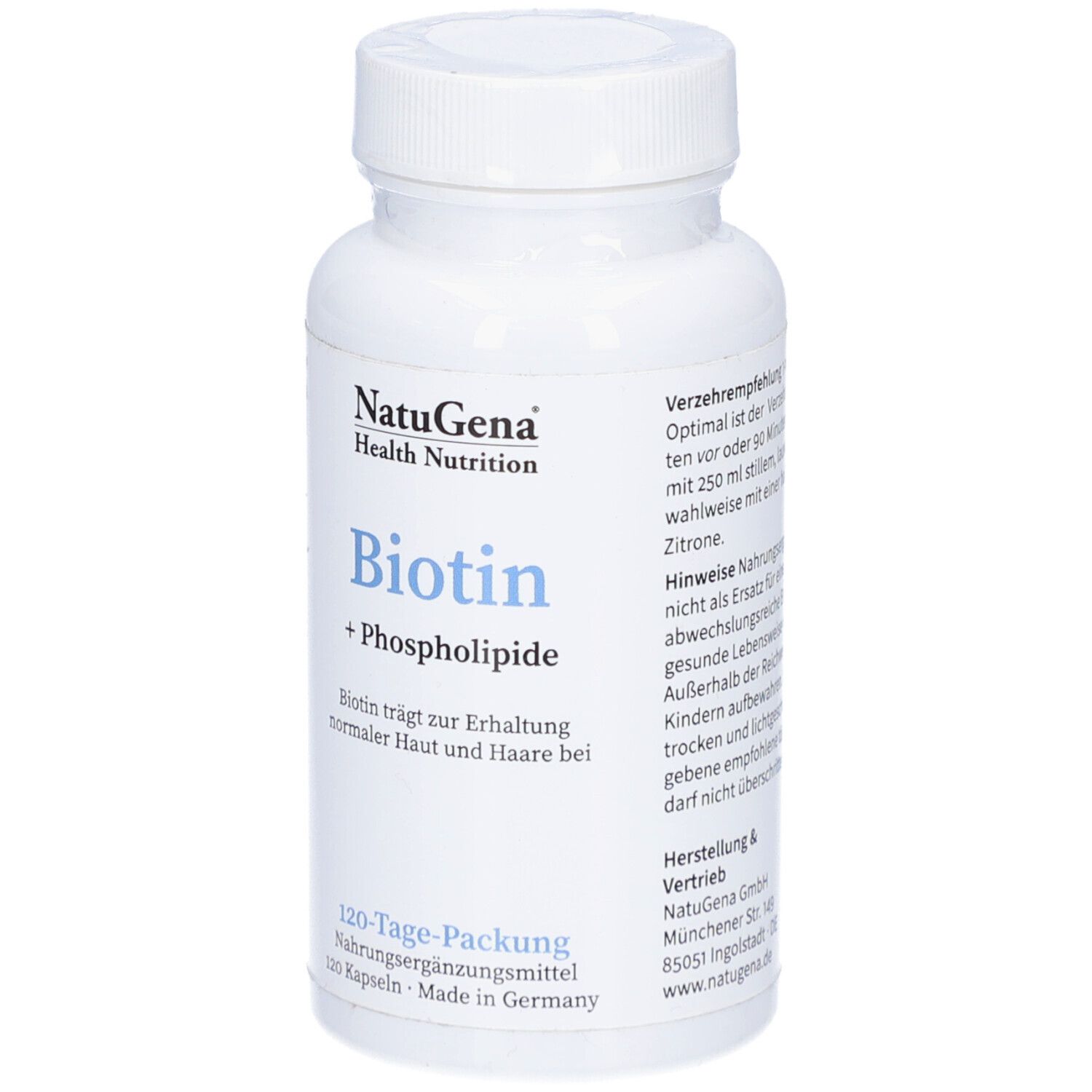 Weiße Flasche mit Schraubverschluss. Aufschrift: NatuGena, Biotin + Phospholipide. 120-Tage-Packung.