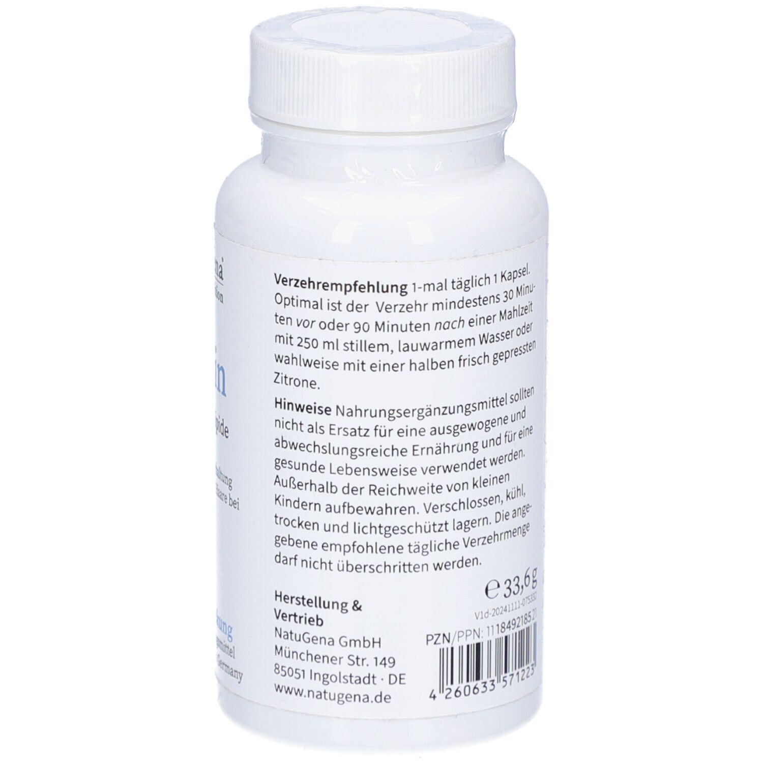 Weiße Flasche mit Informationen. Enthält: Verzehrempfehlung. Hersteller: NatuGena. EAN-Code und Chargennummer.