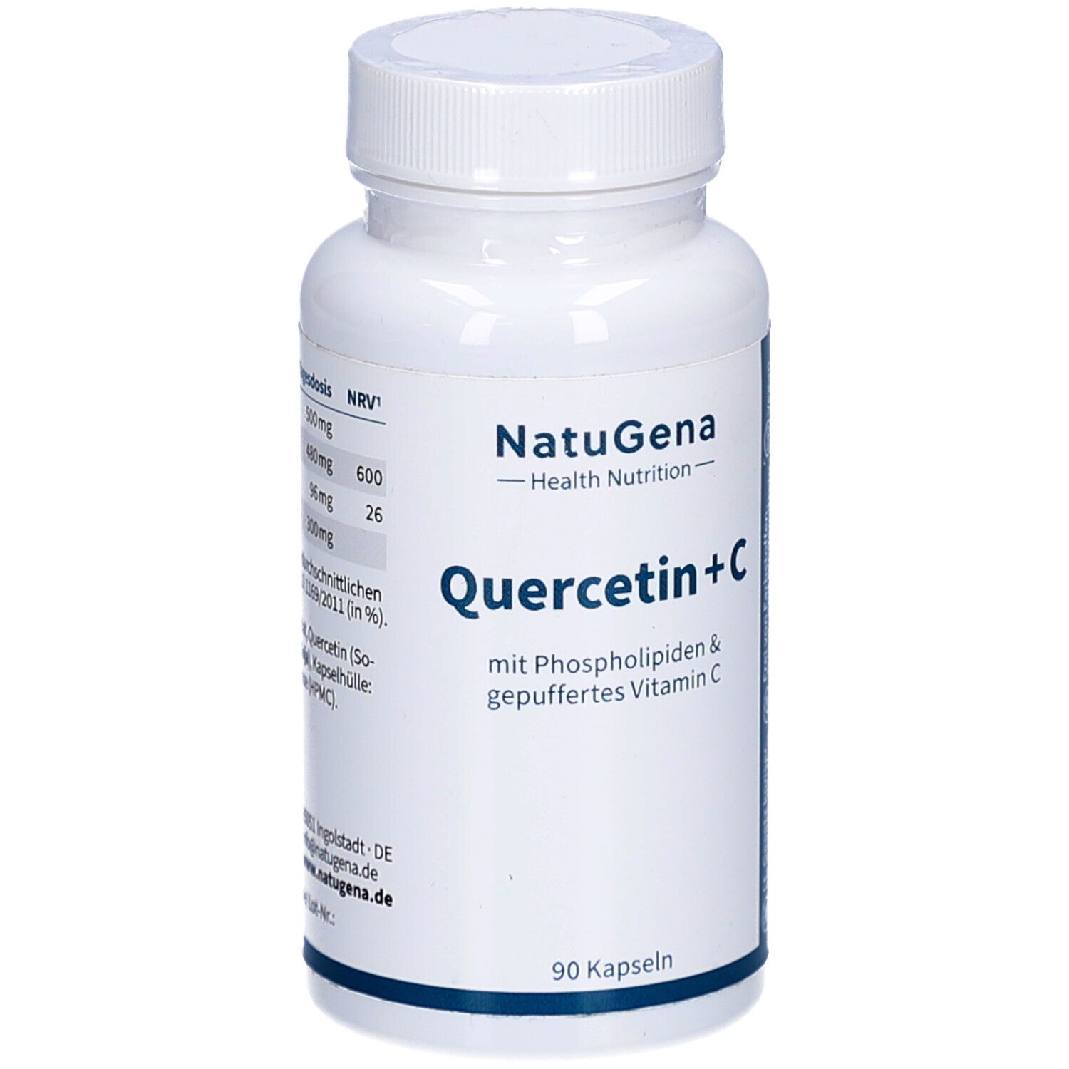 Weiße Flasche mit Schraubverschluss. Aufschrift: NatuGena, Quercetin+C, 90 Kapseln. Enthält Phospholipide & gepuffertes Vitamin C.