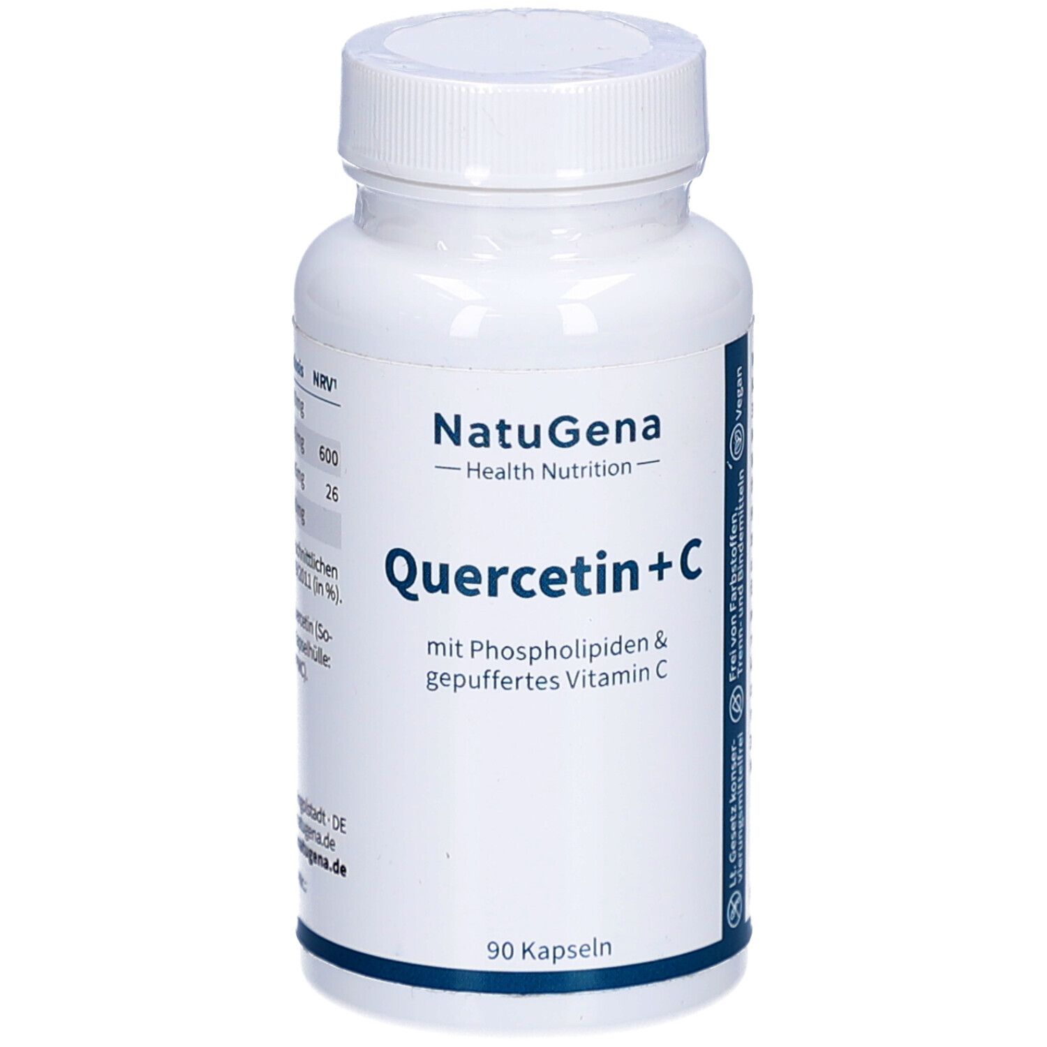 Weiße Flasche mit Schraubverschluss. Aufschrift: NatuGena, Quercetin+C, 90 Kapseln. Enthält Phospholipide & gepuffertes Vitamin C.