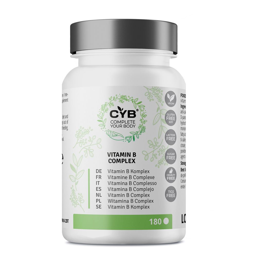 Weiße Flasche mit Vitamin B Komplex Tabletten. Marke CYB. Vegan, glutenfrei. 180 Tabletten.
