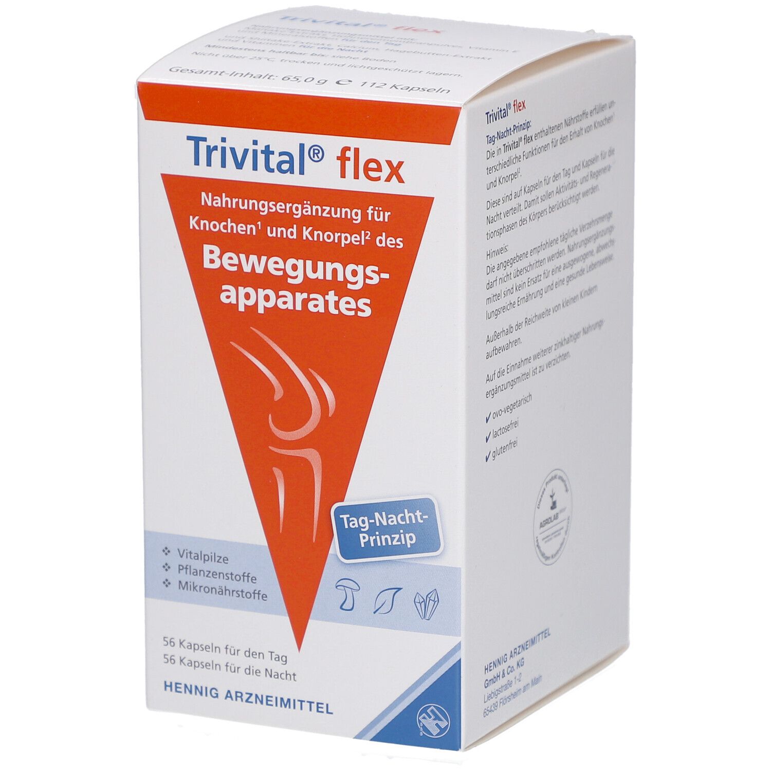 Weißer Karton mit Trivital flex. Orangefarbenes Dreieck mit Gelenk-Illustration. Text: Nahrungsergänzungsmittel für Knochen und Knorpel.