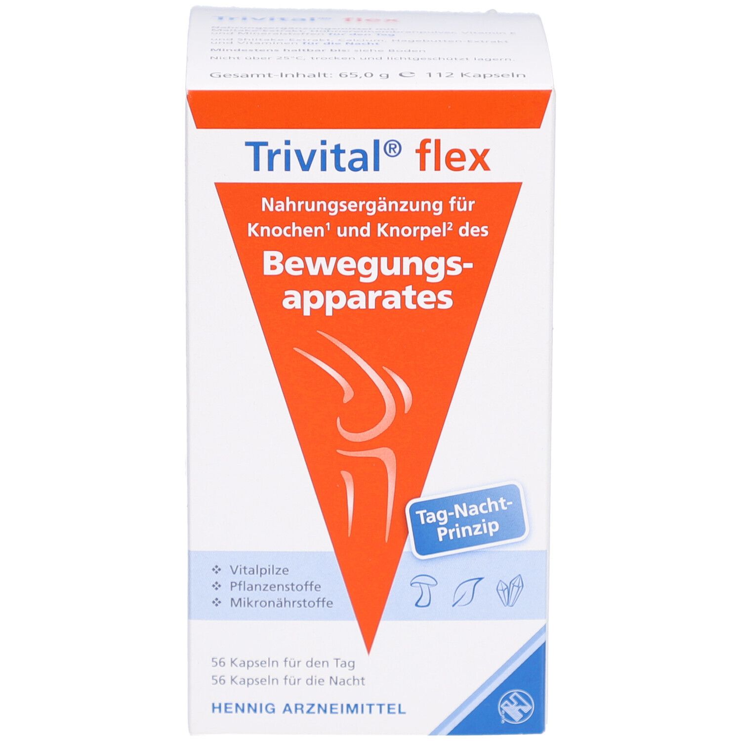 Trivital flex-Verpackung. Weißer Karton mit orangefarbenem Dreieck. Text: Nahrungsergänzungsmittel für Knochen und Knorpel.
