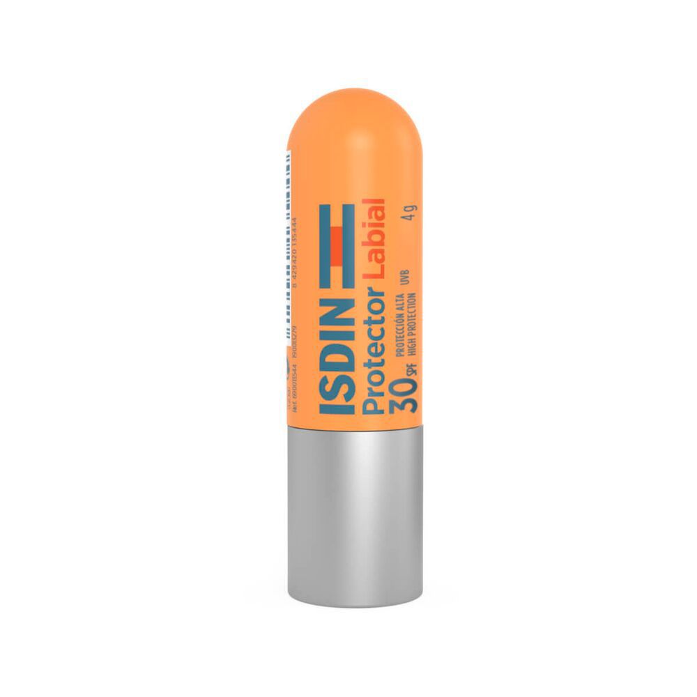 Lippenpflegestift mit orangefarbener Kappe und silbernem Gehäuse. ISDIN Protector Labial LSF 30.