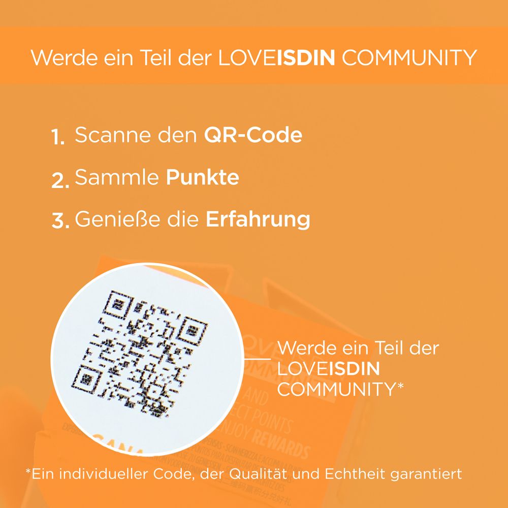 QR-Code auf orangefarbenem Hintergrund. Werde Teil der LOVEISDIN COMMUNITY.