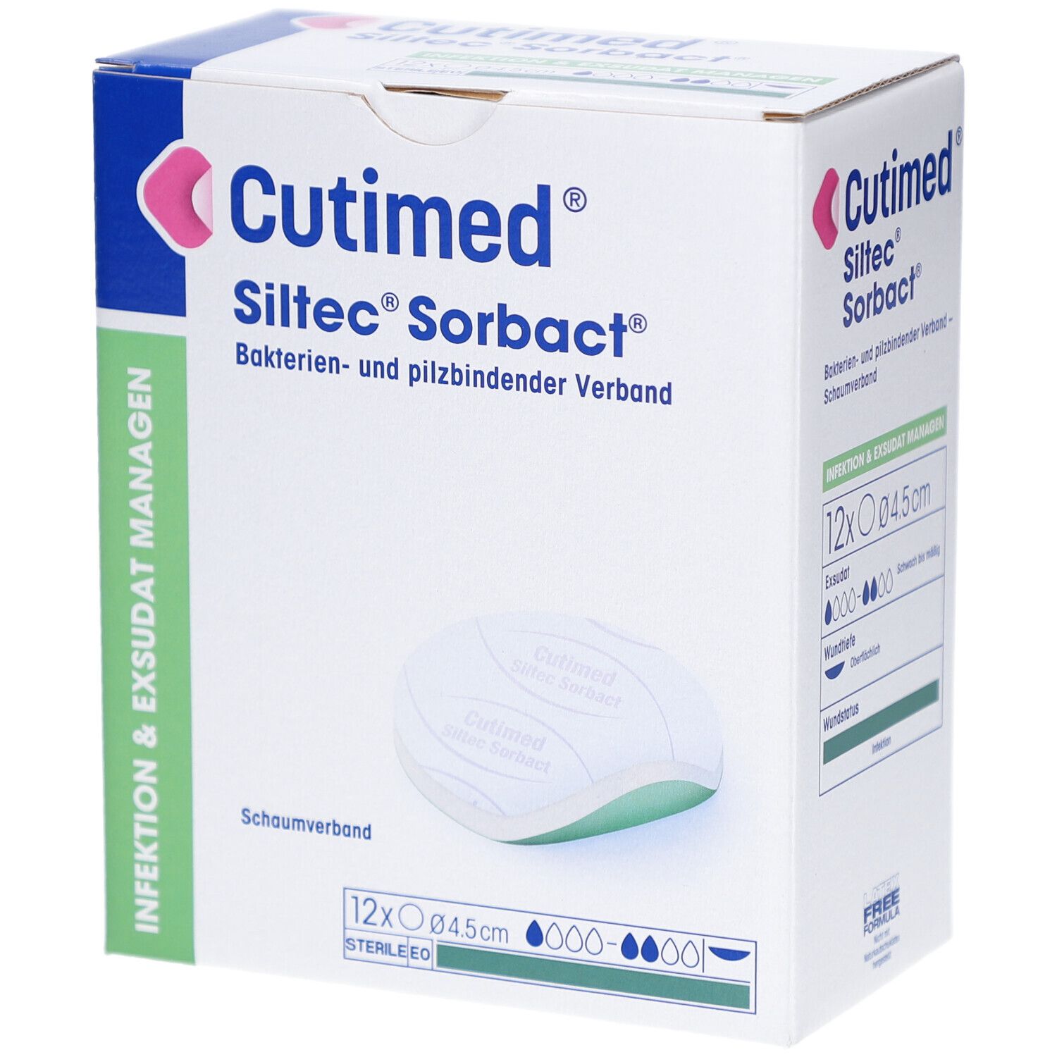 Verpackung von Cutimed Siltec Sorbact. Enthält 12 Verbände, 4,5 cm Durchmesser. Schaumverband. Aufdrucke: Bakterien- und pilzbindender Verband.