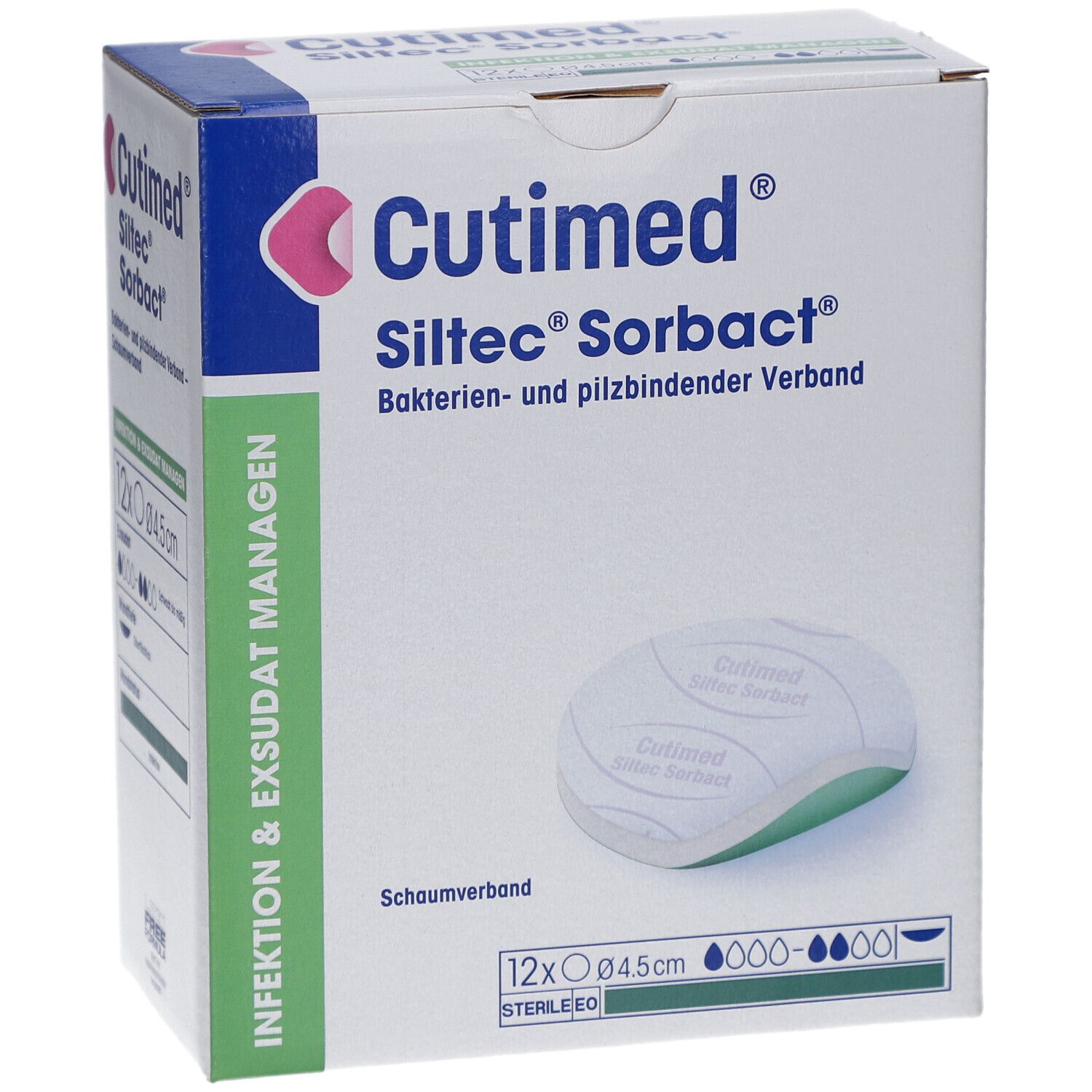 Verpackung von Cutimed Siltec Sorbact. Enthält 12 Verbände, 4,5 cm Durchmesser. Schaumverband. Aufdrucke: Bakterien- und pilzbindender Verband.