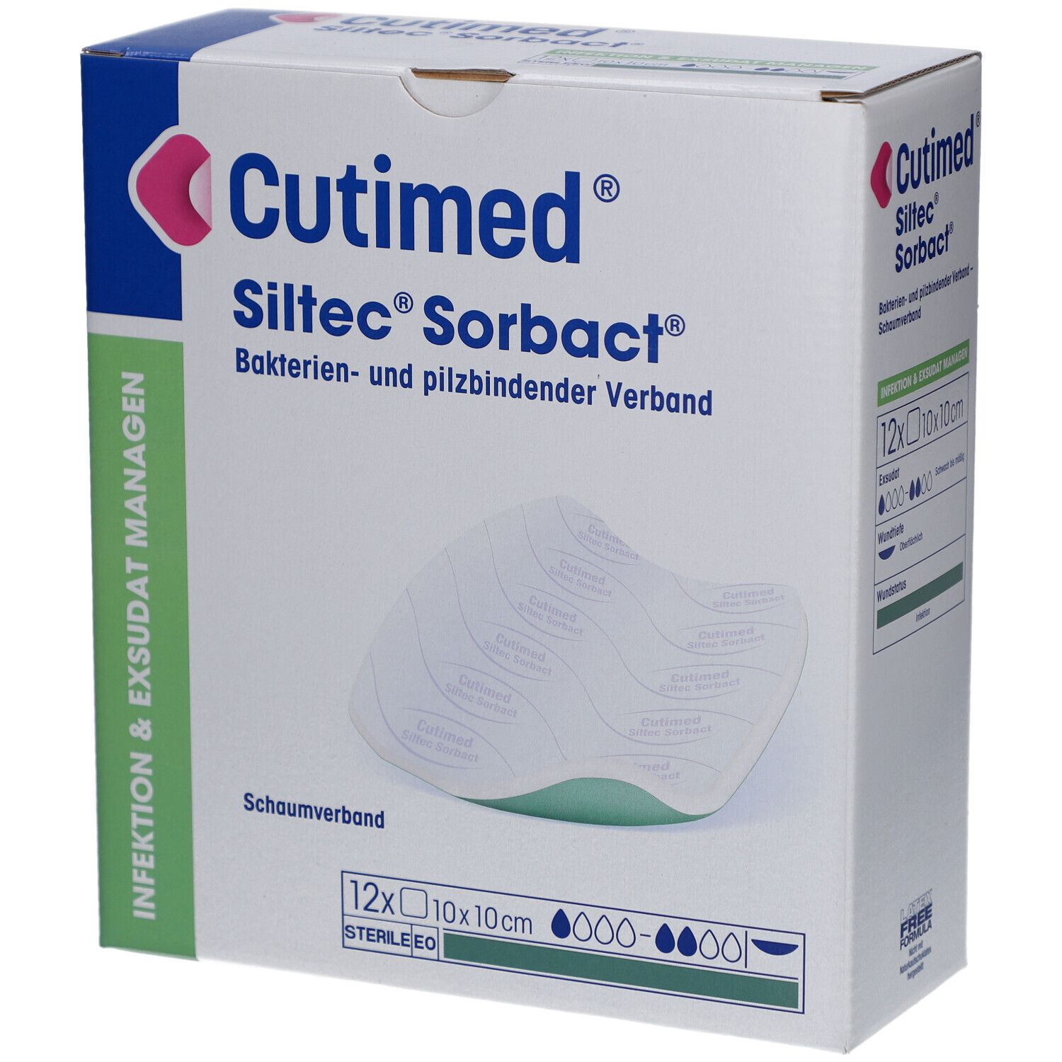 Verpackung Cutimed Siltec Sorbact, 12 Stück, 10x10cm. Schaumverband. Box mit Produktabbildung und Produktinformationen.