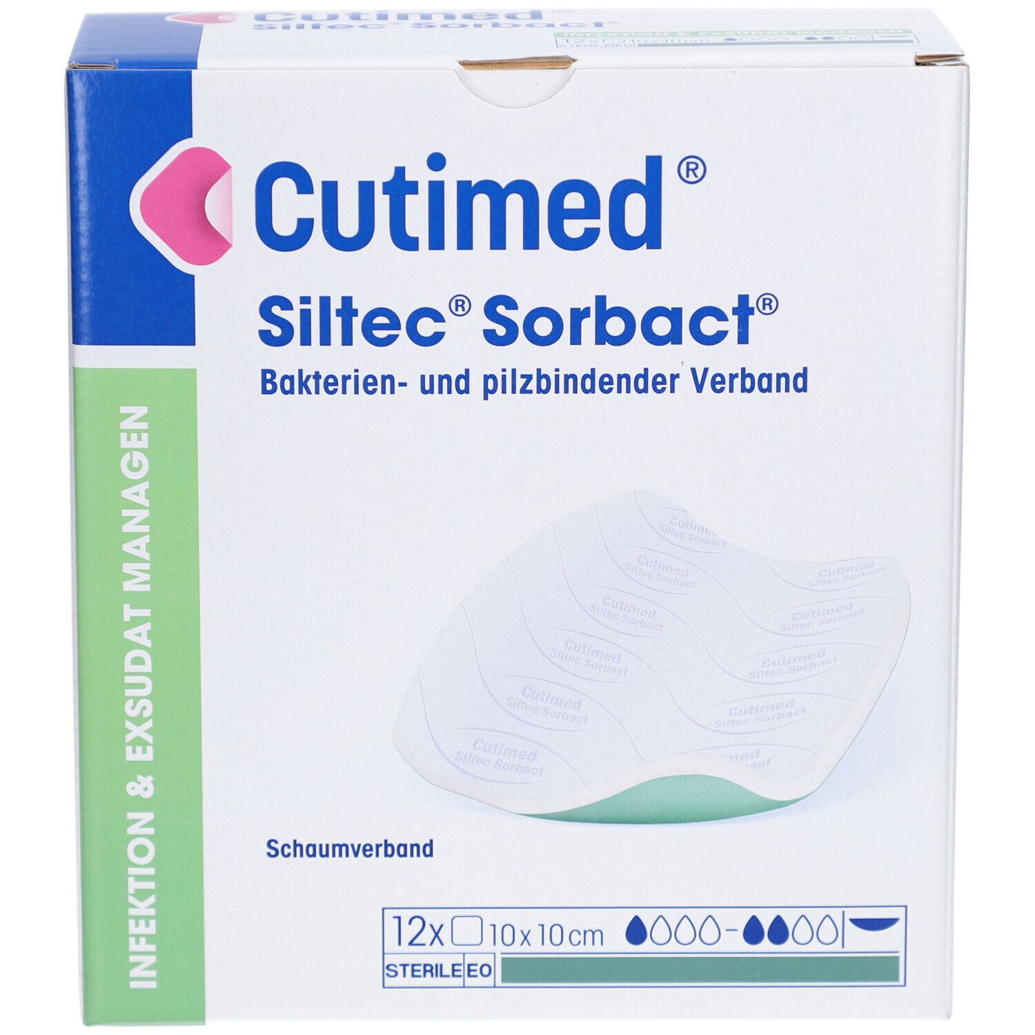 Cutimed Siltec Sorbact Verpackung. 12 Stück, 10x10cm. Schaumverband. Box mit Produktabbildung.